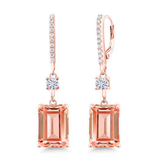 18K Rose Gold Plated Silver Emerald Cut Peach Nano Morganite and White Moissanite Dangle Earrings For Women | 13.36 Cttw | Emerald Cut 14X10MM
