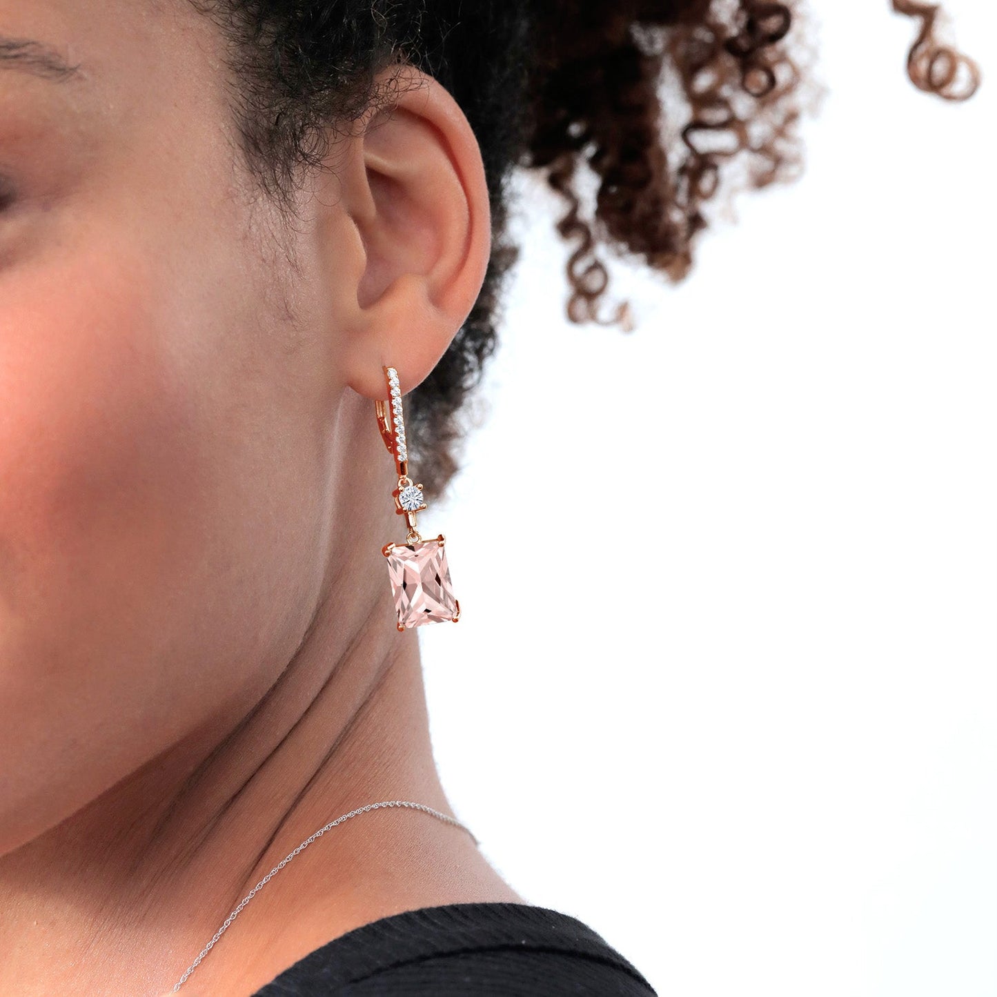 18K Rose Gold Plated Silver Emerald Cut Peach Nano Morganite and White Moissanite Dangle Earrings For Women | 13.36 Cttw | Emerald Cut 14X10MM