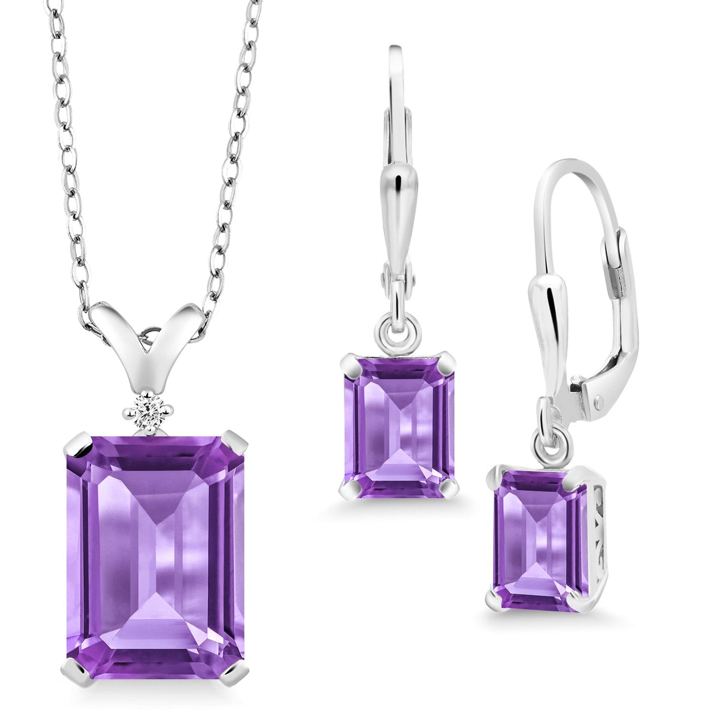 9-13 Cttw Pendant and Earrings Jewelry Set For Women | Emerald Cut 14X10MM and 8X6MM | Round 1.5MM | Gemstone Birthstone and Diamond | 925 Sterling Silver | 18 Inch Silver Chain