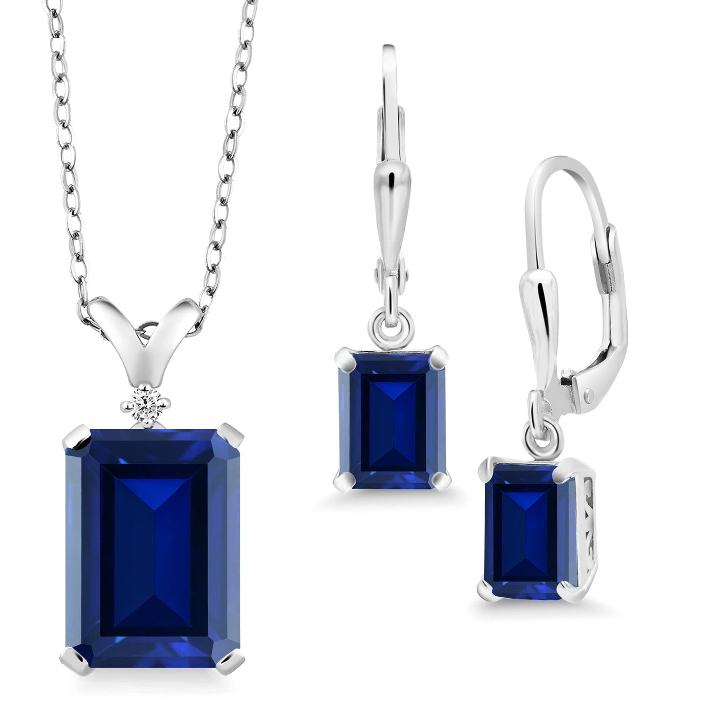 9-13 Cttw Pendant and Earrings Jewelry Set For Women | Emerald Cut 14X10MM and 8X6MM | Round 1.5MM | Gemstone Birthstone and Diamond | 925 Sterling Silver | 18 Inch Silver Chain