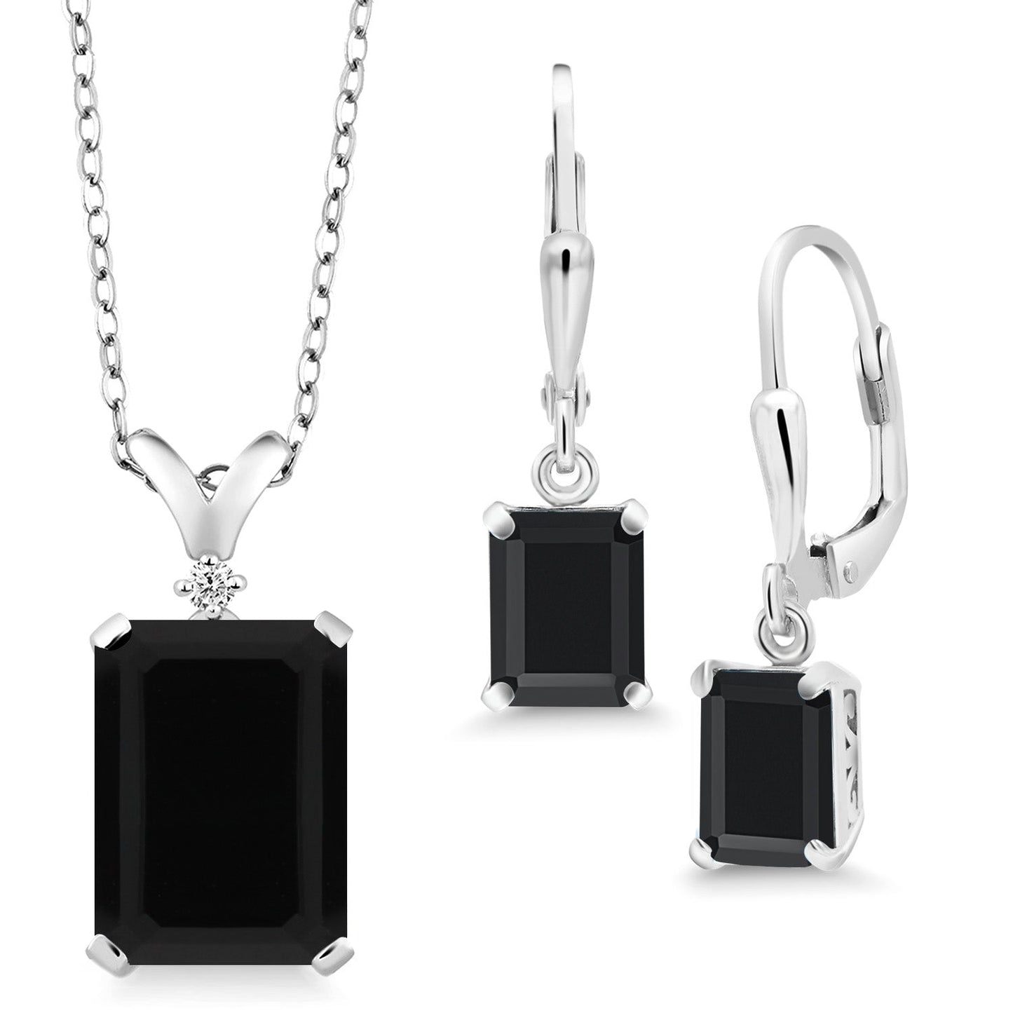 9-13 Cttw Pendant and Earrings Jewelry Set For Women | Emerald Cut 14X10MM and 8X6MM | Round 1.5MM | Gemstone Birthstone and Diamond | 925 Sterling Silver | 18 Inch Silver Chain