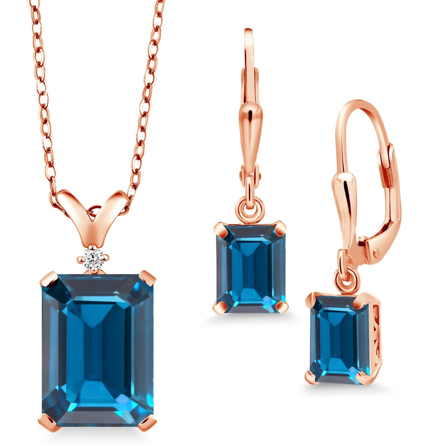 9-13 Cttw Pendant and Earrings Jewelry Set For Women | Emerald Cut 14X10MM and 8X6MM | Round 1.5MM | Gemstone Birthstone and Diamond | 925 Sterling Silver | 18 Inch Silver Chain
