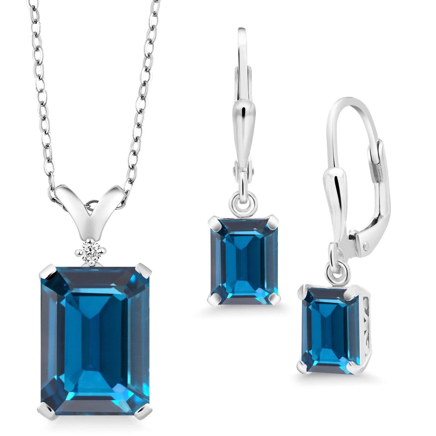 9-13 Cttw Pendant and Earrings Jewelry Set For Women | Emerald Cut 14X10MM and 8X6MM | Round 1.5MM | Gemstone Birthstone and Diamond | 925 Sterling Silver | 18 Inch Silver Chain