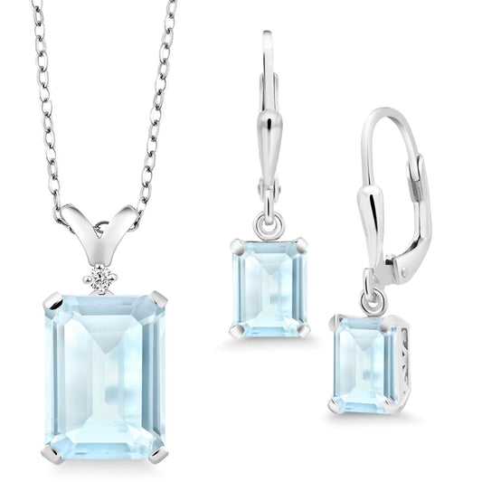 9-13 Cttw Pendant and Earrings Jewelry Set For Women | Emerald Cut 14X10MM and 8X6MM | Round 1.5MM | Gemstone Birthstone and Diamond | 925 Sterling Silver | 18 Inch Silver Chain