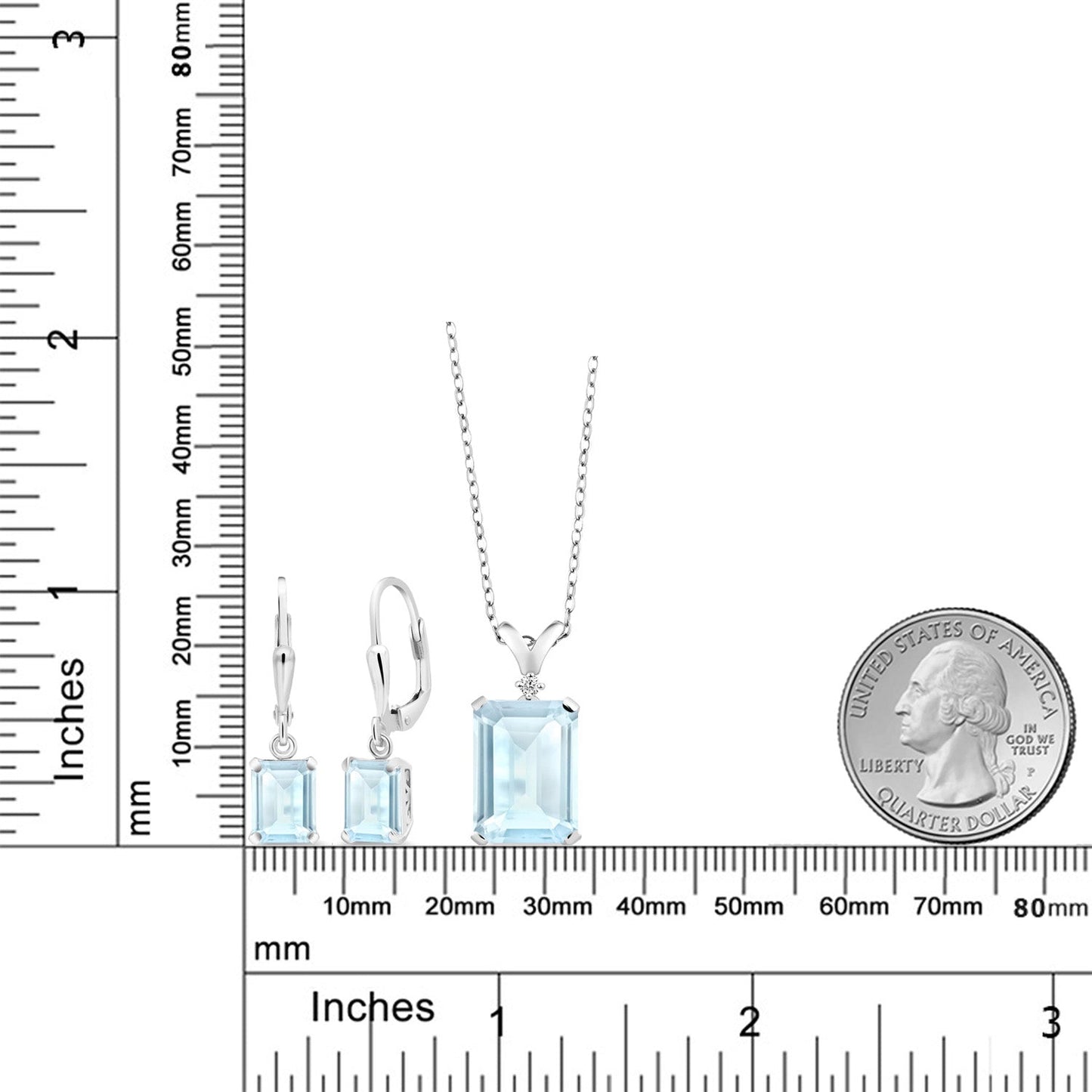 9-13 Cttw Pendant and Earrings Jewelry Set For Women | Emerald Cut 14X10MM and 8X6MM | Round 1.5MM | Gemstone Birthstone and Diamond | 925 Sterling Silver | 18 Inch Silver Chain