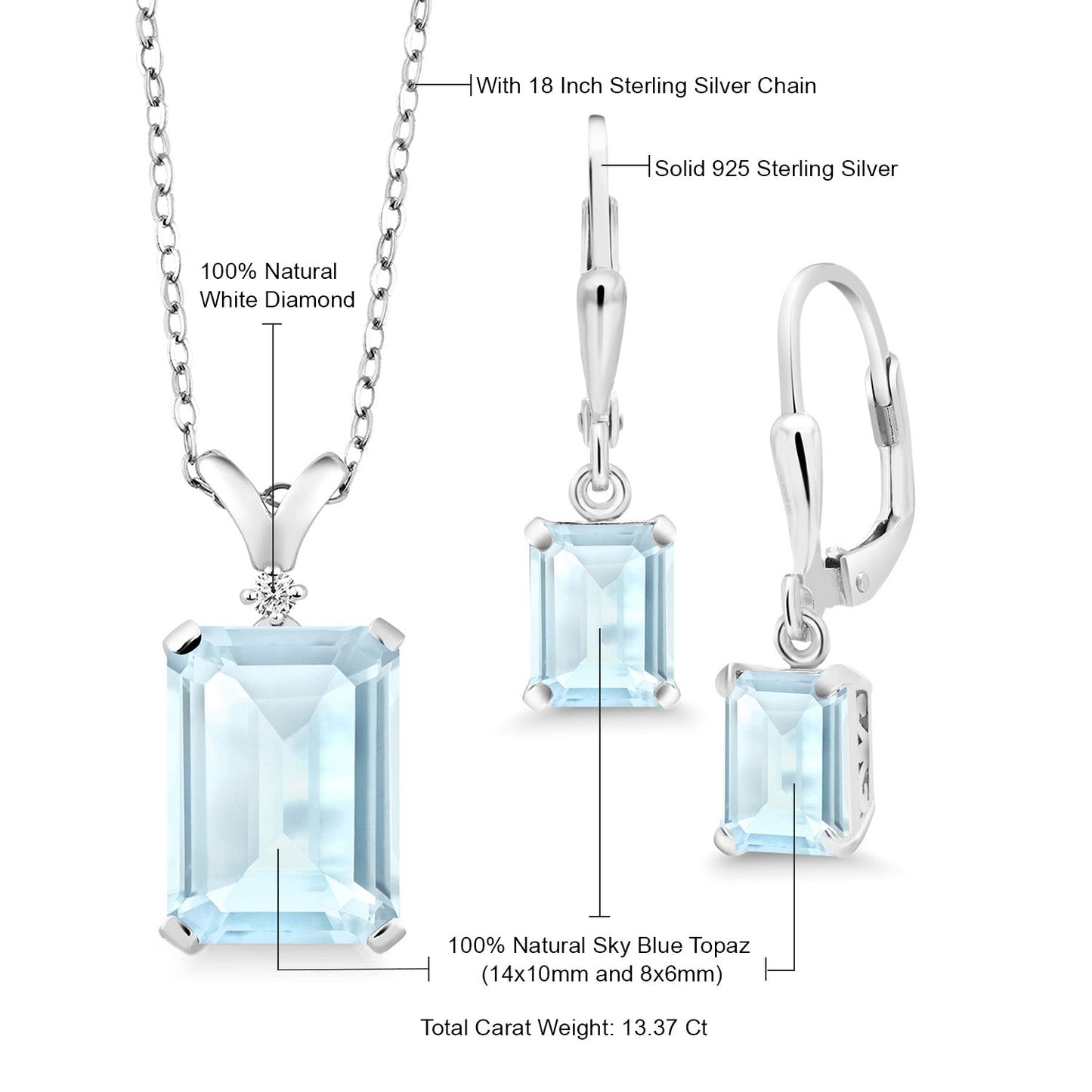 9-13 Cttw Pendant and Earrings Jewelry Set For Women | Emerald Cut 14X10MM and 8X6MM | Round 1.5MM | Gemstone Birthstone and Diamond | 925 Sterling Silver | 18 Inch Silver Chain
