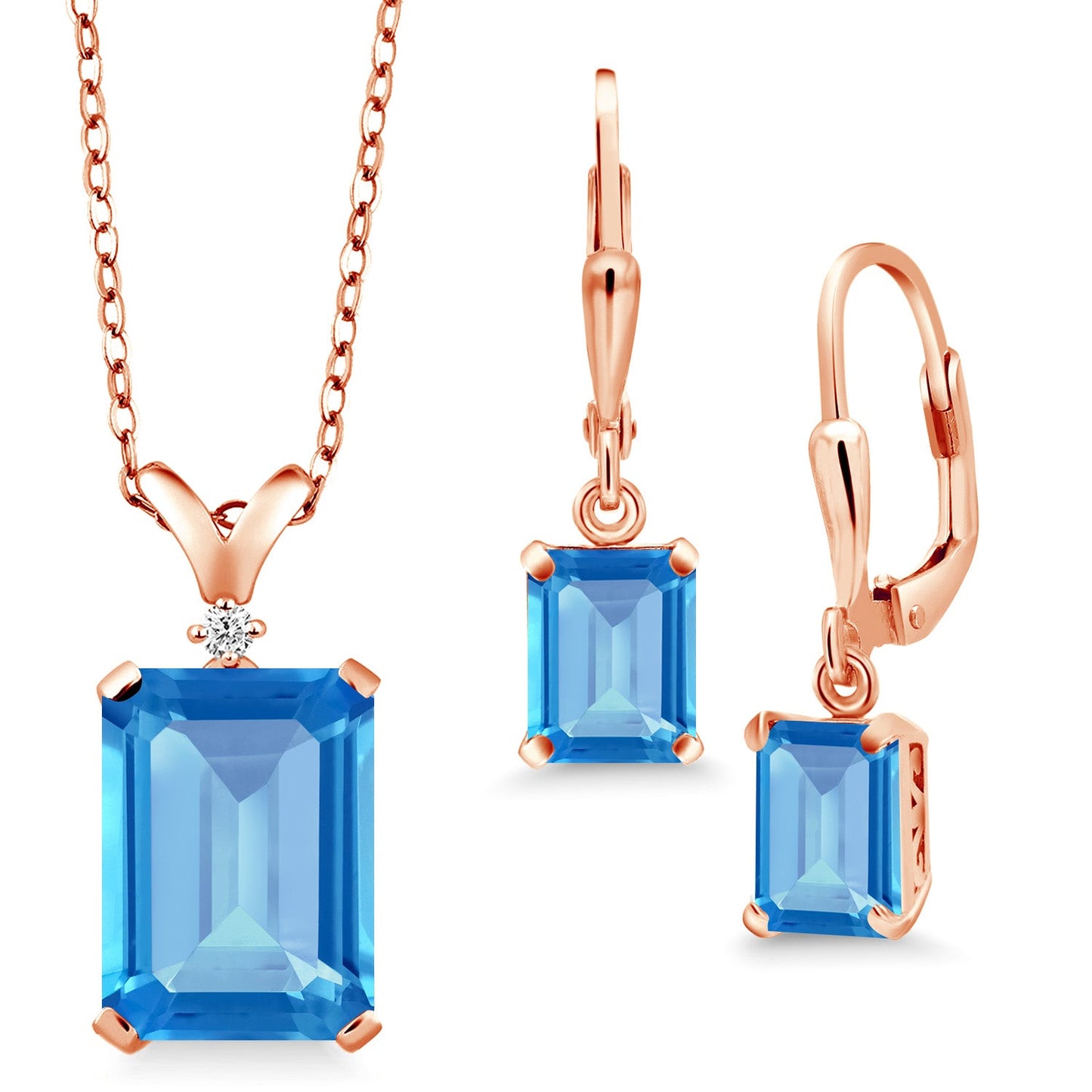 9-13 Cttw Pendant and Earrings Jewelry Set For Women | Emerald Cut 14X10MM and 8X6MM | Round 1.5MM | Gemstone Birthstone and Diamond | 925 Sterling Silver | 18 Inch Silver Chain