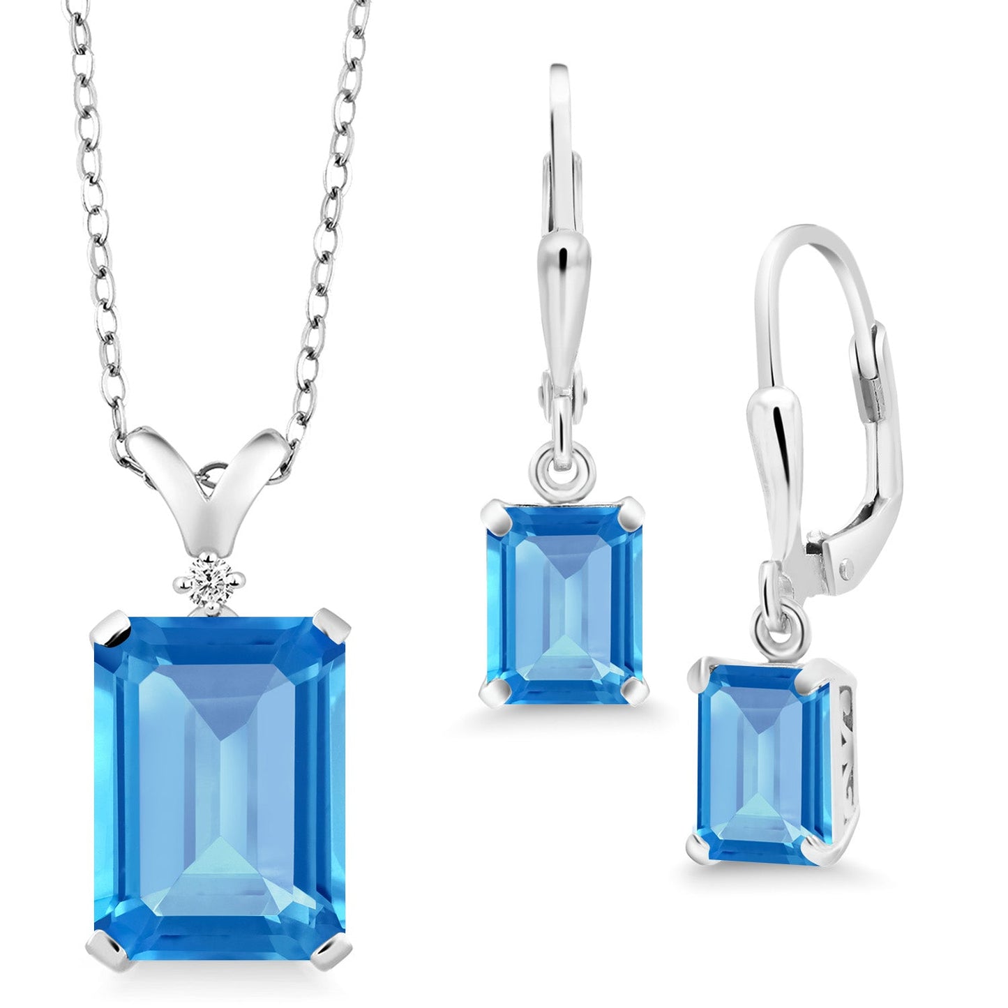 9-13 Cttw Pendant and Earrings Jewelry Set For Women | Emerald Cut 14X10MM and 8X6MM | Round 1.5MM | Gemstone Birthstone and Diamond | 925 Sterling Silver | 18 Inch Silver Chain