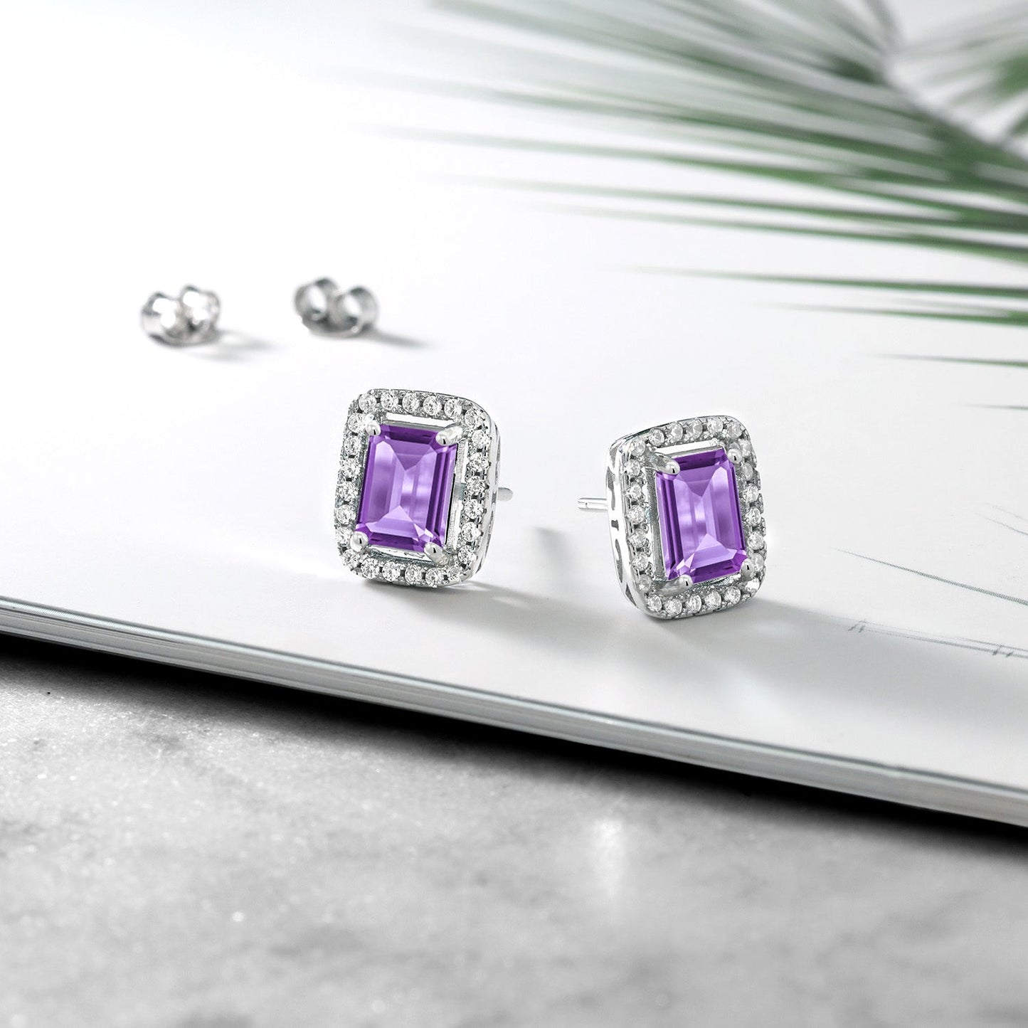 Halo Earring for Women | 925 Sterling Silver | Gemstone Birthstone Earrings | Emerald Cut 8X6MM | Fine Jewelry Gifts for Her Mom Women Wife