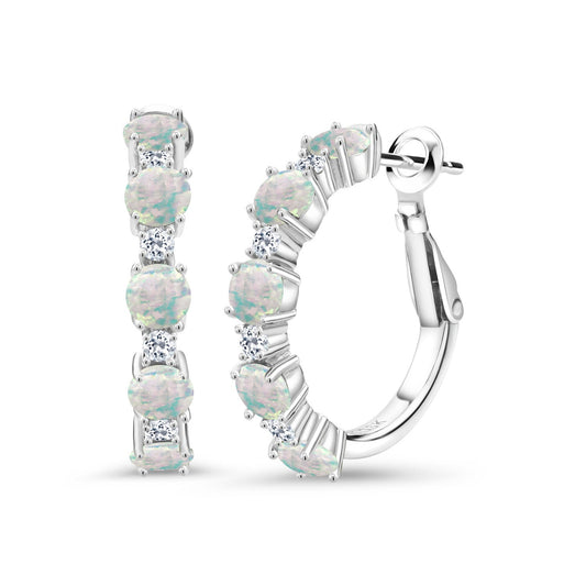 925 Sterling Silver Gemstone Birthstone and White Topaz Hoop Earrings for Women | Round Cut 4MM and 1.9MM Stones | 1 Inch Diameter Hoops | Fine Jewelry for Her Mom Wife Women