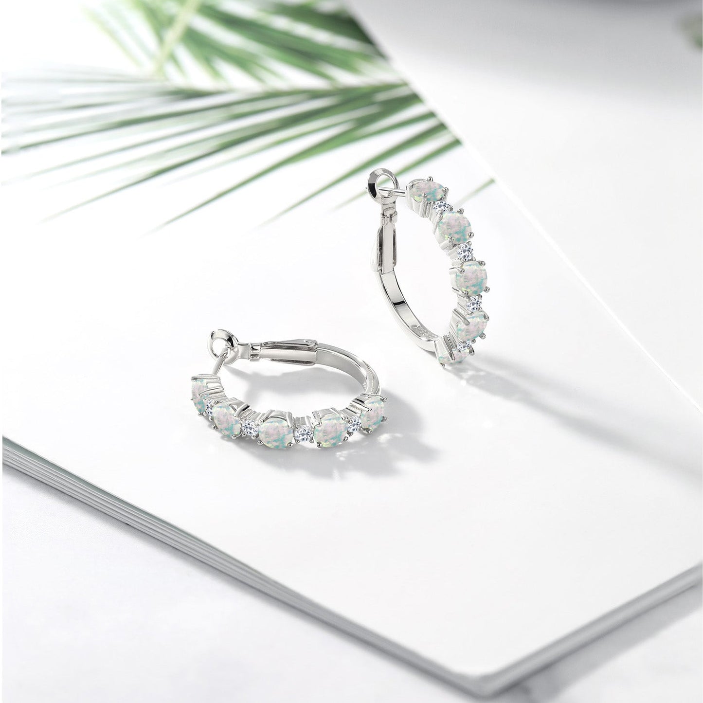 925 Sterling Silver Gemstone Birthstone and White Topaz Hoop Earrings for Women | Round Cut 4MM and 1.9MM Stones | 1 Inch Diameter Hoops | Fine Jewelry for Her Mom Wife Women