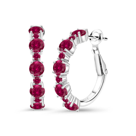 925 Sterling Silver Gemstone Birthstone Hoop Earrings for Women | Alternating Round 4MM and 1.9MM Stones | Elegant Graduated Design | Fine Jewelry Earrings | 1 Inch Diameter Hoops