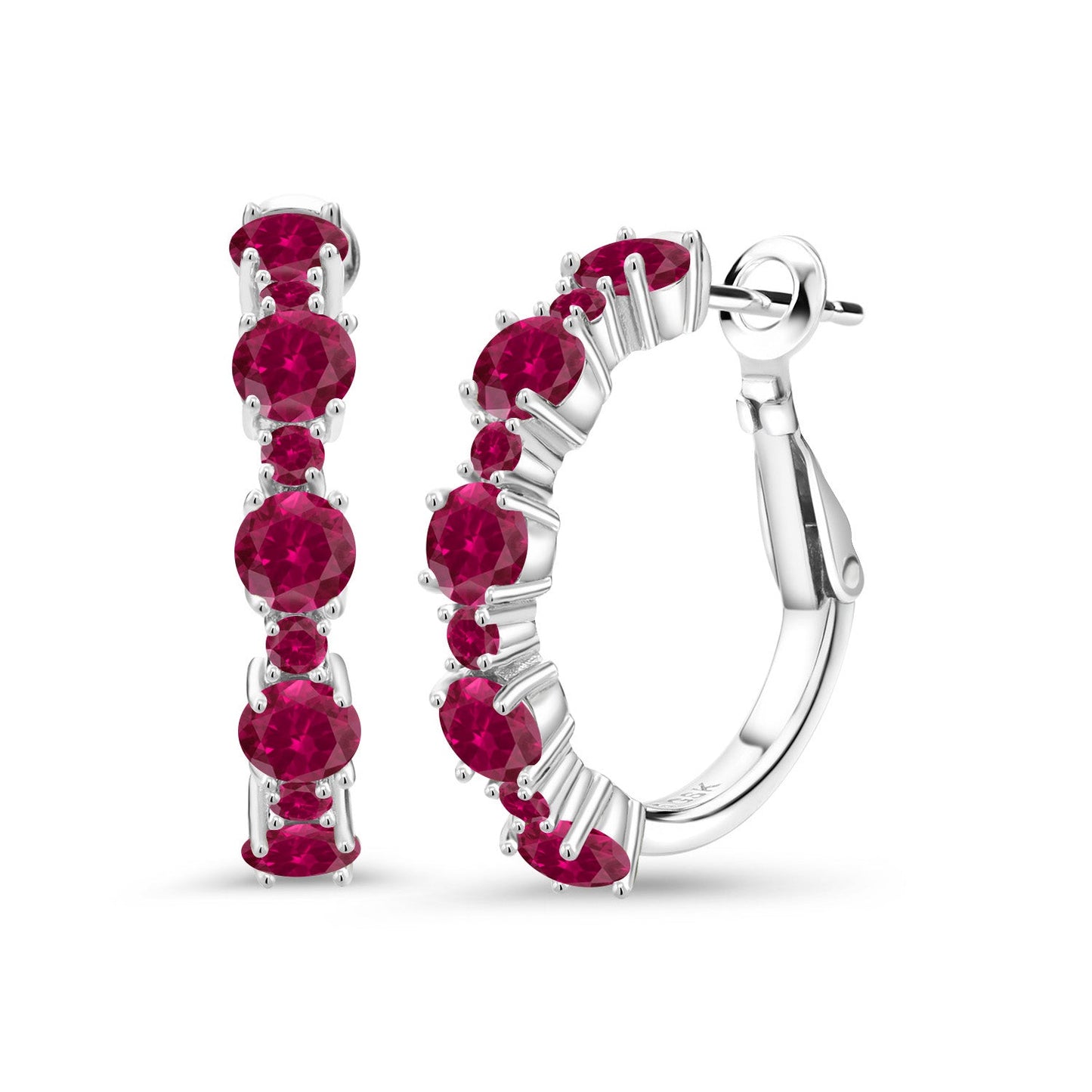 925 Sterling Silver Gemstone Birthstone Hoop Earrings for Women | Alternating Round 4MM and 1.9MM Stones | Elegant Graduated Design | Fine Jewelry Earrings | 1 Inch Diameter Hoops
