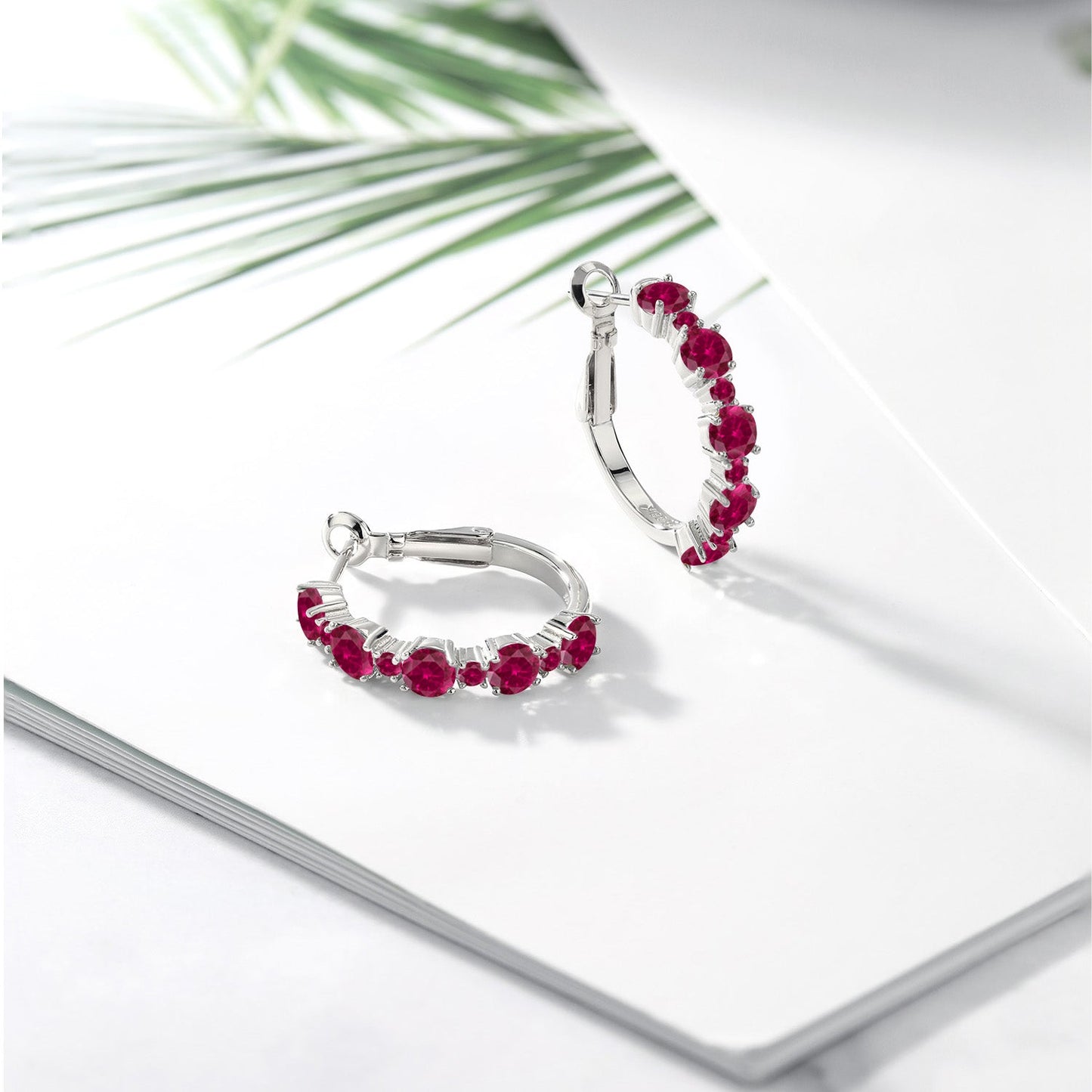 925 Sterling Silver Gemstone Birthstone Hoop Earrings for Women | Alternating Round 4MM and 1.9MM Stones | Elegant Graduated Design | Fine Jewelry Earrings | 1 Inch Diameter Hoops
