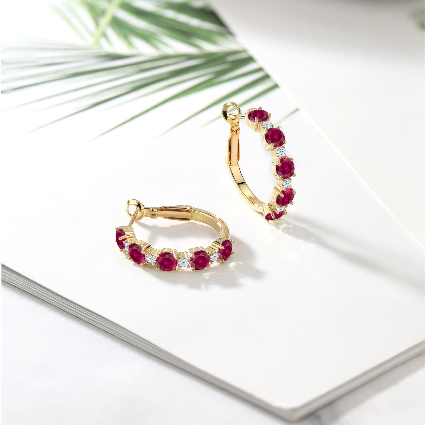 18K Yellow Gold Plated Silver Gemstone Birthstone and White Zirconia Hoop Earrings for Women | Round Cut 4MM and 1.9MM Stones | 1 Inch Diameter Hoops | Fine Jewelry for Her Mom Wife Women