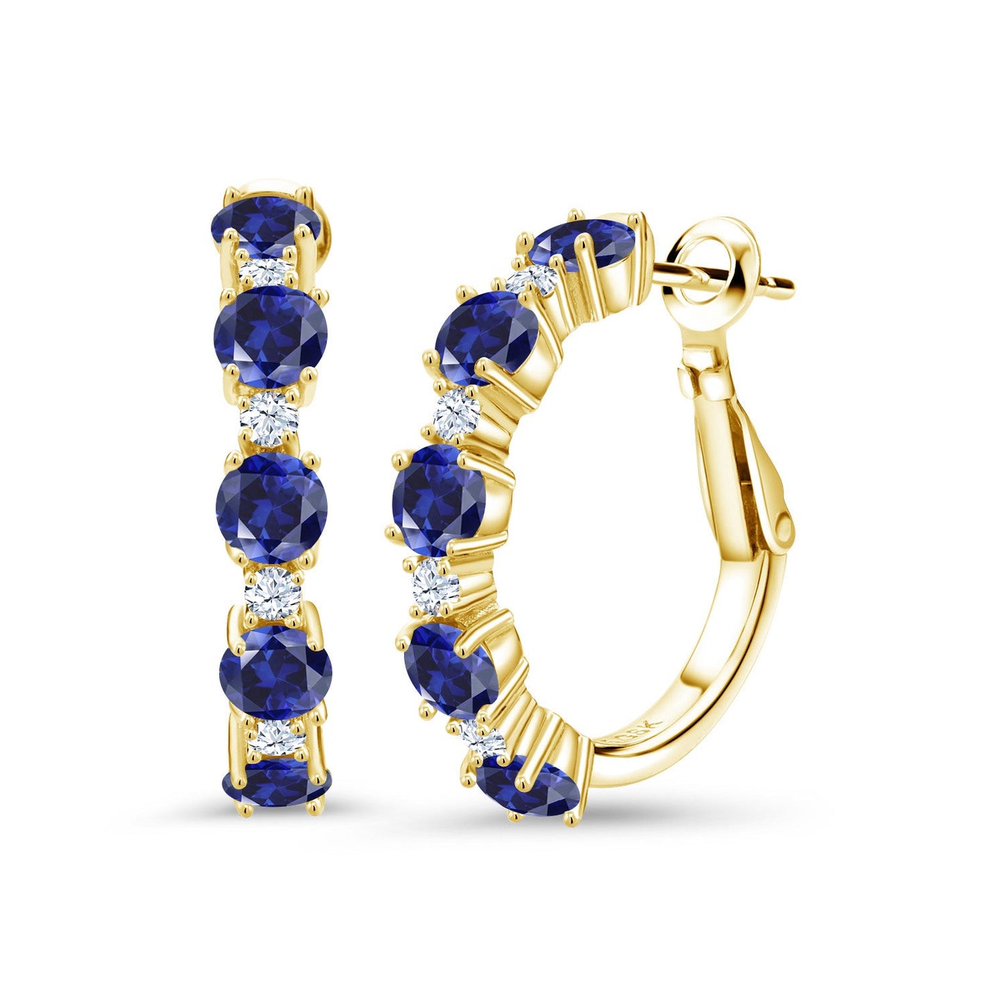 18K Yellow Gold Plated Silver Gemstone Birthstone and White Zirconia Hoop Earrings for Women | Round Cut 4MM and 1.9MM Stones | 1 Inch Diameter Hoops | Fine Jewelry for Her Mom Wife Women