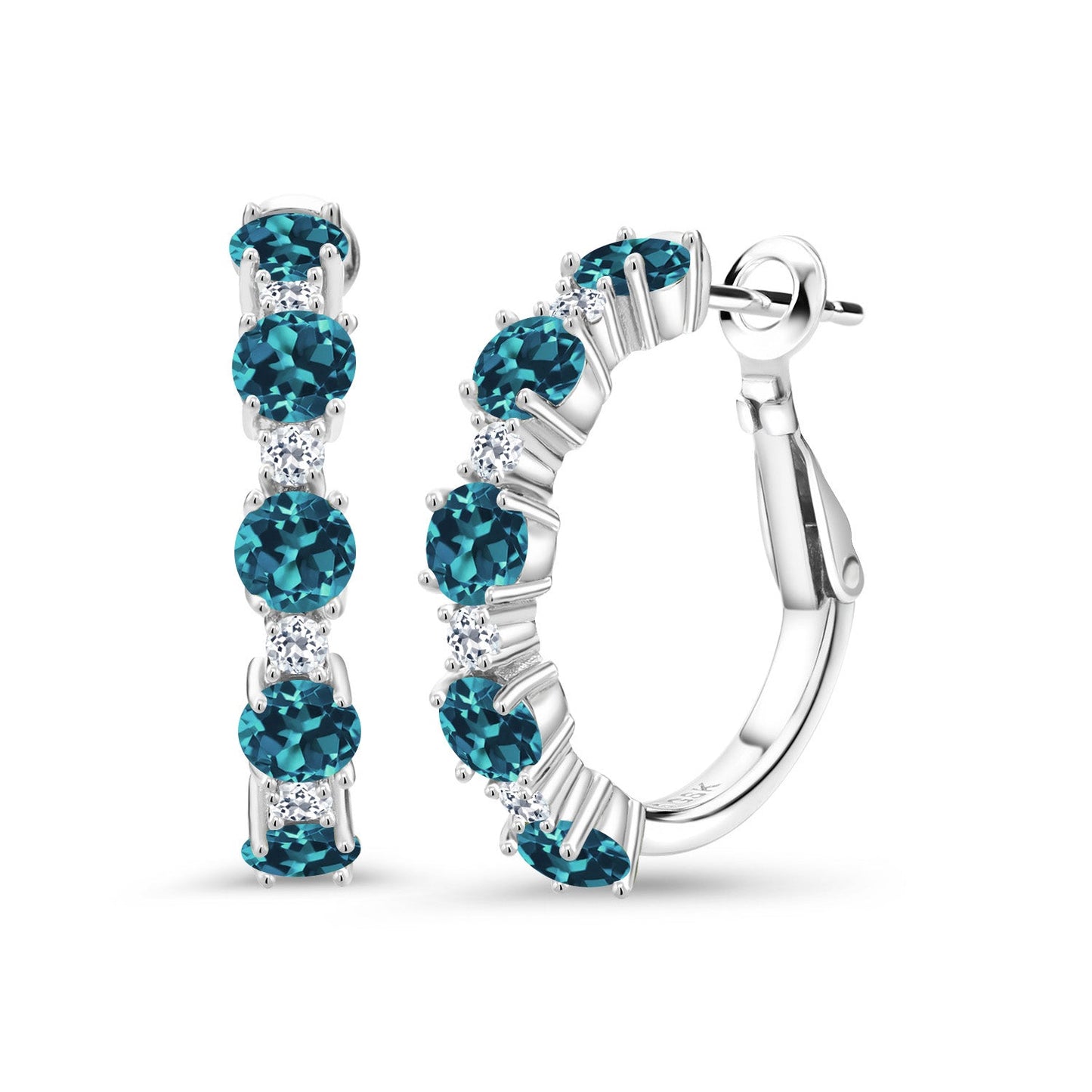 925 Sterling Silver Gemstone Birthstone and White Topaz Hoop Earrings for Women | Round Cut 4MM and 1.9MM Stones | 1 Inch Diameter Hoops | Fine Jewelry for Her Mom Wife Women