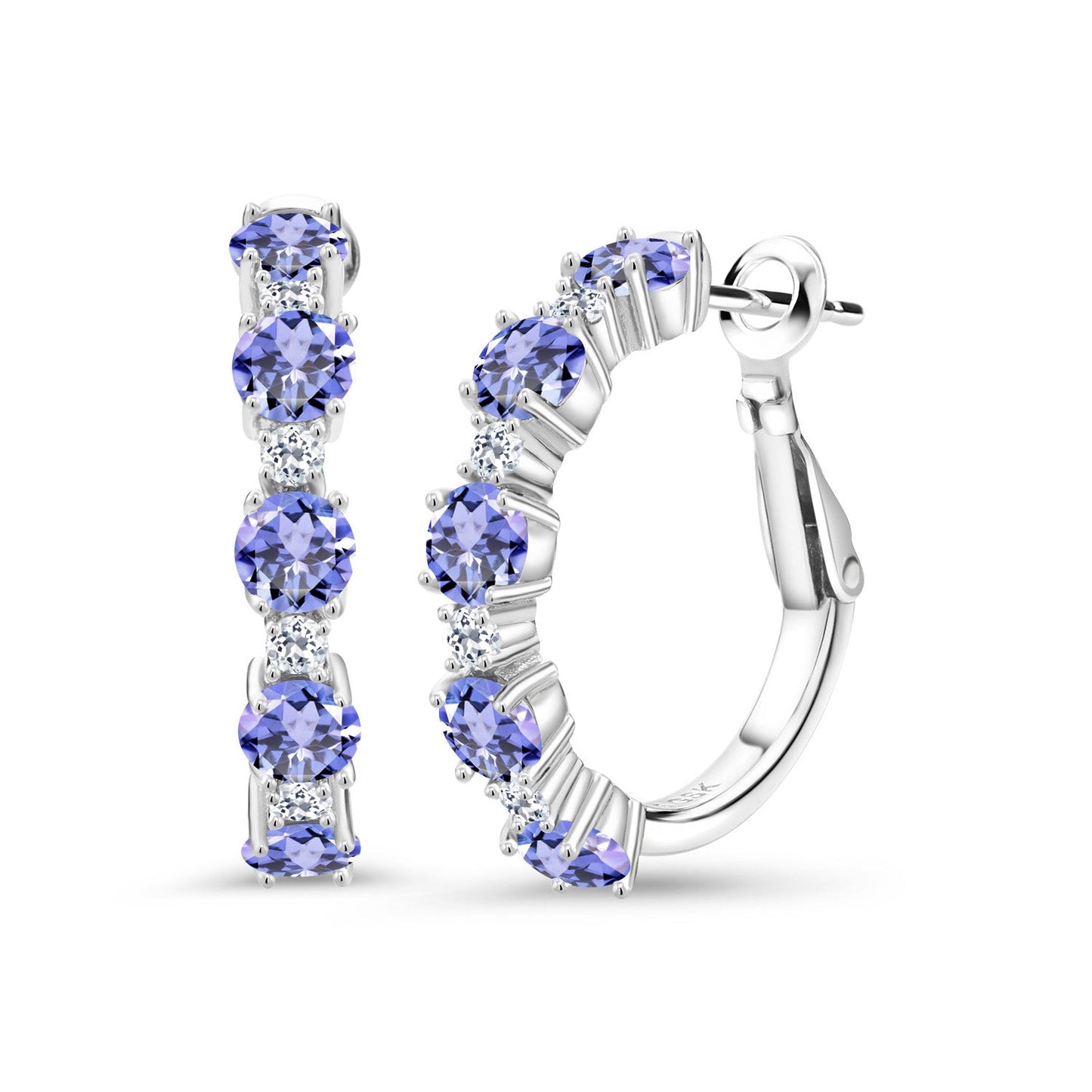 925 Sterling Silver Gemstone Birthstone and White Topaz Hoop Earrings for Women | Round Cut 4MM and 1.9MM Stones | 1 Inch Diameter Hoops | Fine Jewelry for Her Mom Wife Women