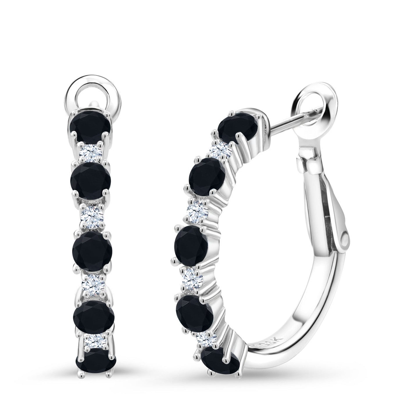 Gemstone Birthstone and White Created sapphire Hoop Earrings for Women | 925 Sterling Silver | Round 3MM and 1.8MM | 3/7 Inch Diameter | Fine Jewelry for Her Mom Wife