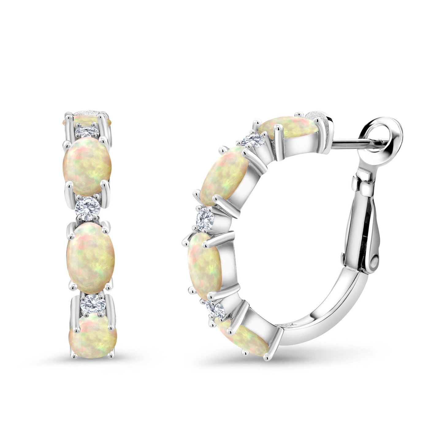 925 Sterling Silver Oval Gemstone Birthstone and White Lab Grown Diamond Accent Hoop Earrings For Women | Oval 6X4MM and Round 2MM | 20MM = 0.80 Inch | Fine Jewelry for Her Mom Women Wife