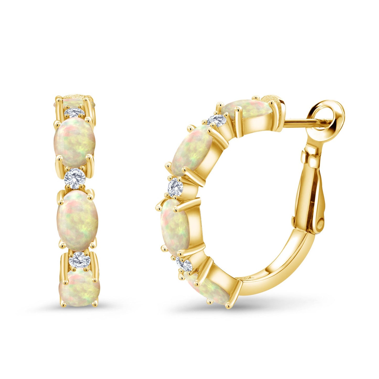 3-5 Cttw Oval Gemstone Birthstone and White Lab Grown Diamond Accent Hoop Earrings For Women | 18K Yellow Gold Plated Silver | Oval 6X4MM and Round 2MM | 20MM = 0.80 Inch