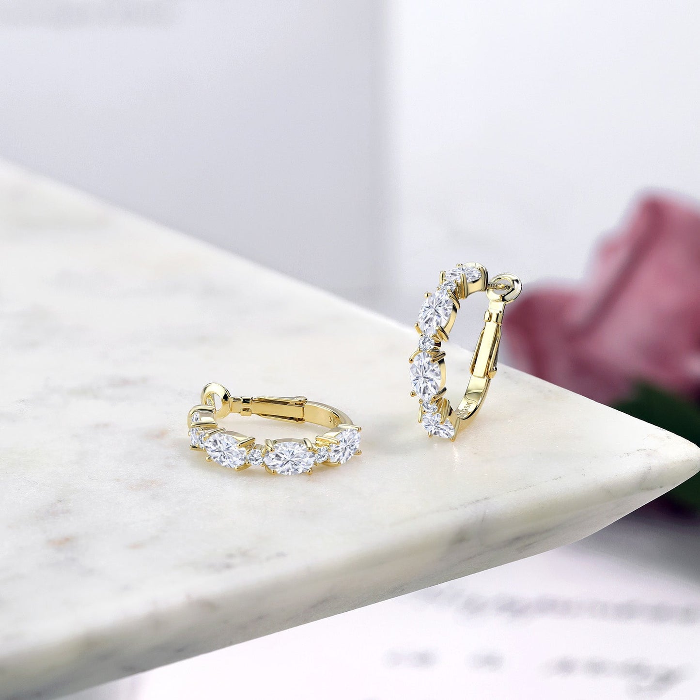 3-5 Cttw Oval Gemstone Birthstone and White Lab Grown Diamond Accent Hoop Earrings For Women | 18K Yellow Gold Plated Silver | Oval 6X4MM and Round 2MM | 20MM = 0.80 Inch