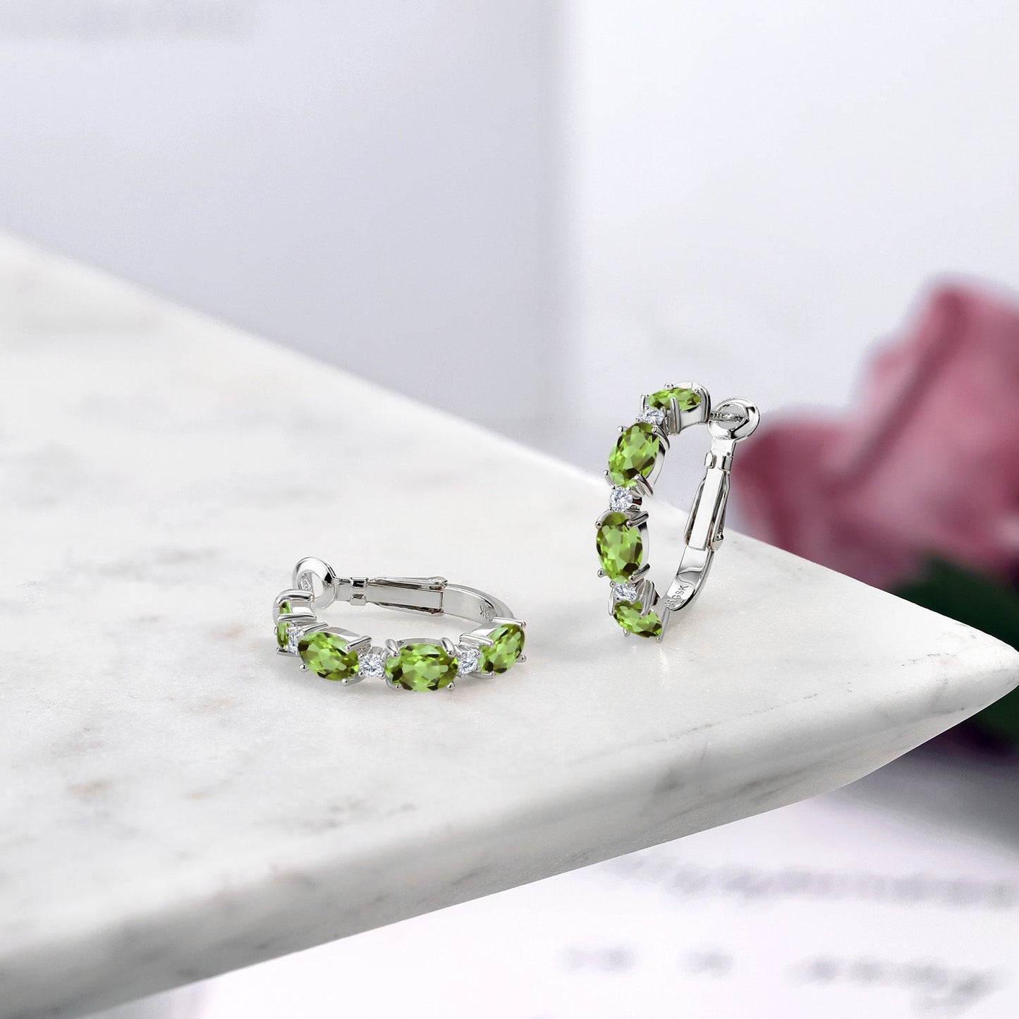 925 Sterling Silver Oval Gemstone Birthstone and White Lab Grown Diamond Accent Hoop Earrings For Women | Oval 6X4MM and Round 2MM | 20MM = 0.80 Inch | Fine Jewelry for Her Mom Women Wife