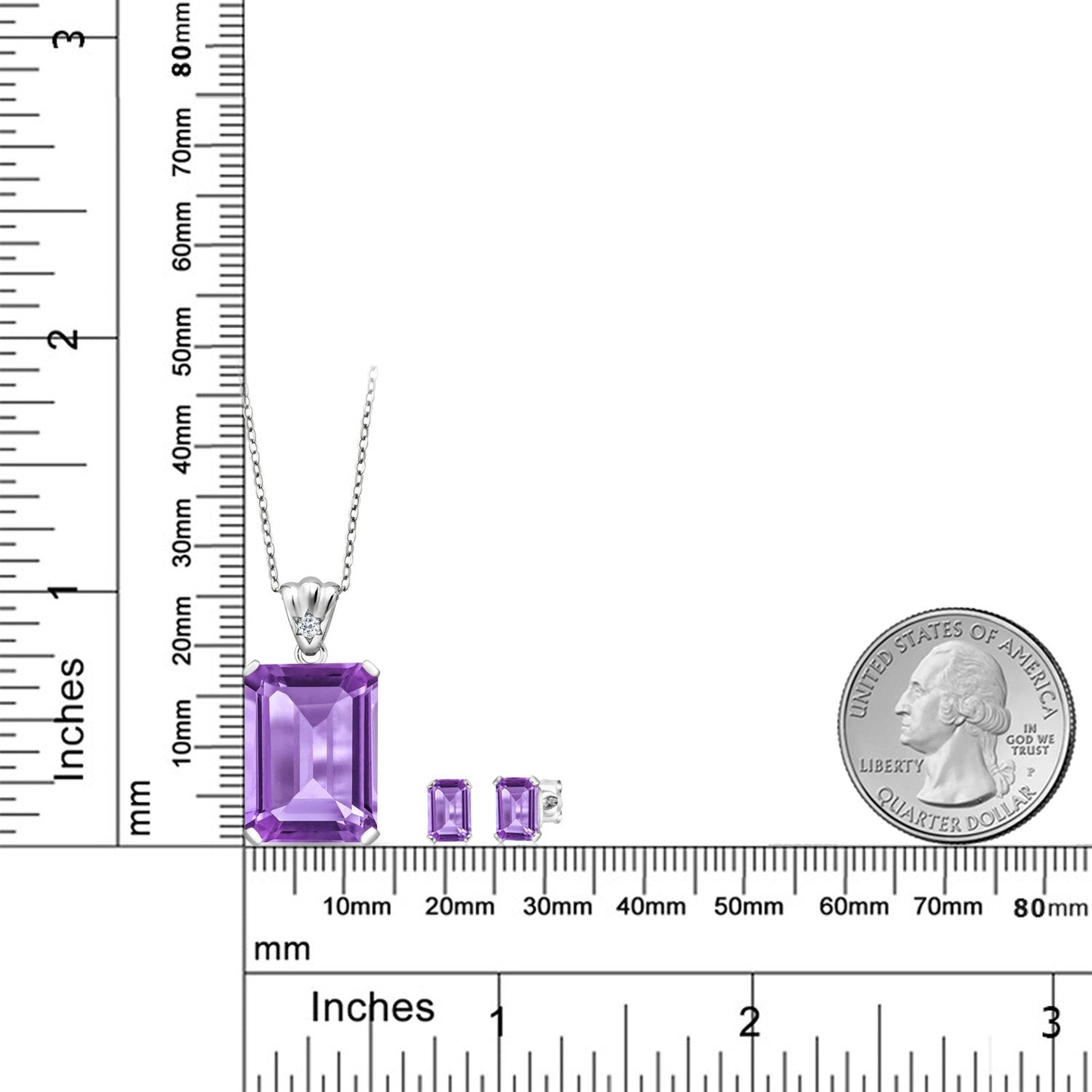 925 Sterling Silver Purple Amethyst and White Topaz Pendant and Earrings Jewelry Set For Women (16.07 Cttw, Gemstone February Birthstone, Emerald Cut 18X13MM and 6X4MM, with 18 Inch Chain)
