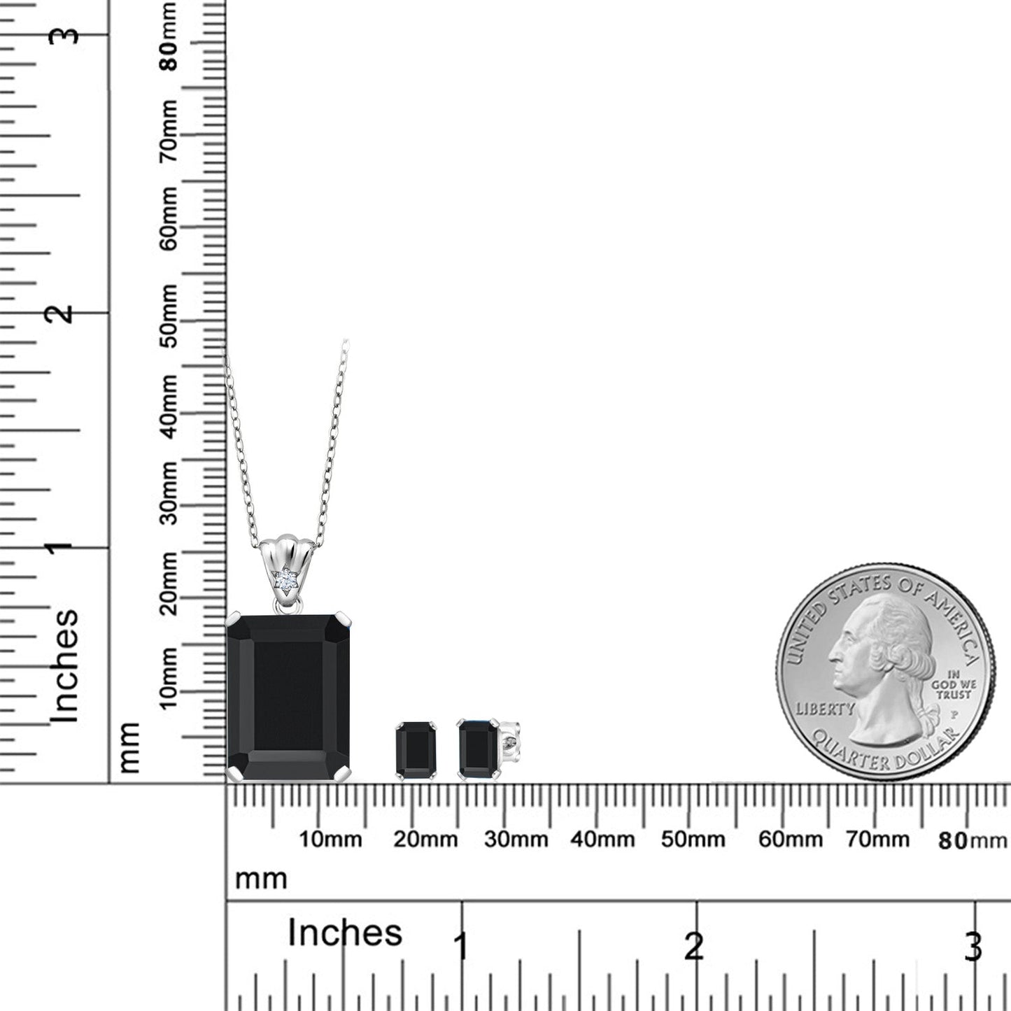 925 Sterling Silver Black Onyx Pendant and Earrings Jewelry Set For Women (16.25 Cttw, Gemstone December Birthstone, Emerald Cut 18X13MM and 6X4MM, with 18 Inch Chain)