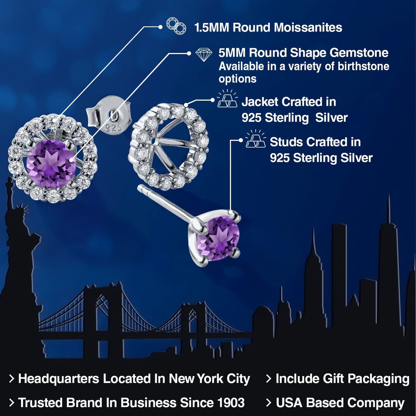 925 Sterling Silver Gemstone Birthstone and White Moissanite Earrings | Studs with Removable Jackets for Women | Center Round 5MM