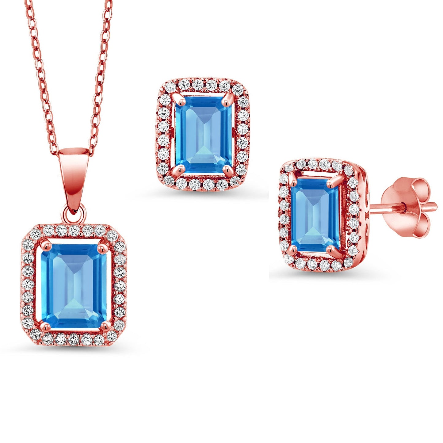 9X7MM and 8X6MM Emerald Cut Gemstone Birthstone Halo Pendant and Halo Earrings Jewelry Set For Women | 925 Sterling Silver | With 18 Inch Silver Chain