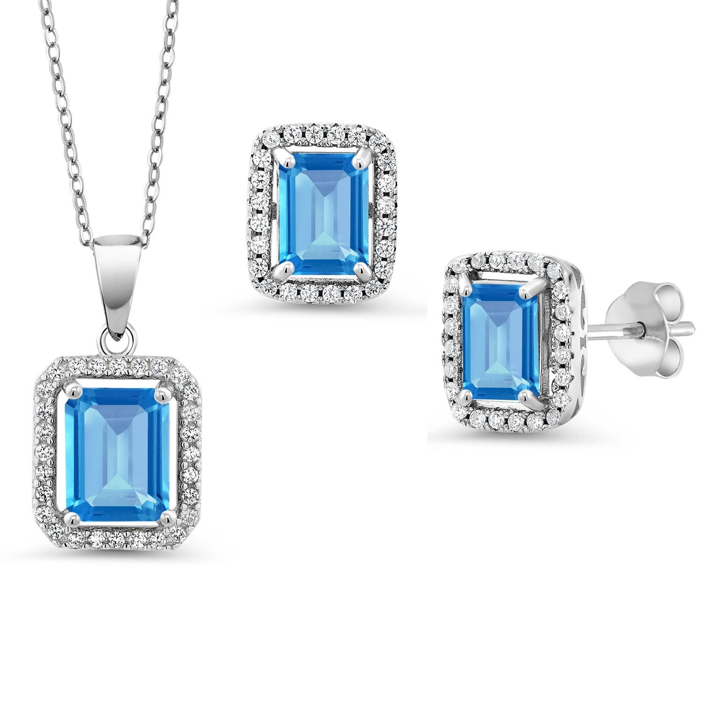 9X7MM and 8X6MM Emerald Cut Gemstone Birthstone Halo Pendant and Halo Earrings Jewelry Set For Women | 925 Sterling Silver | With 18 Inch Silver Chain