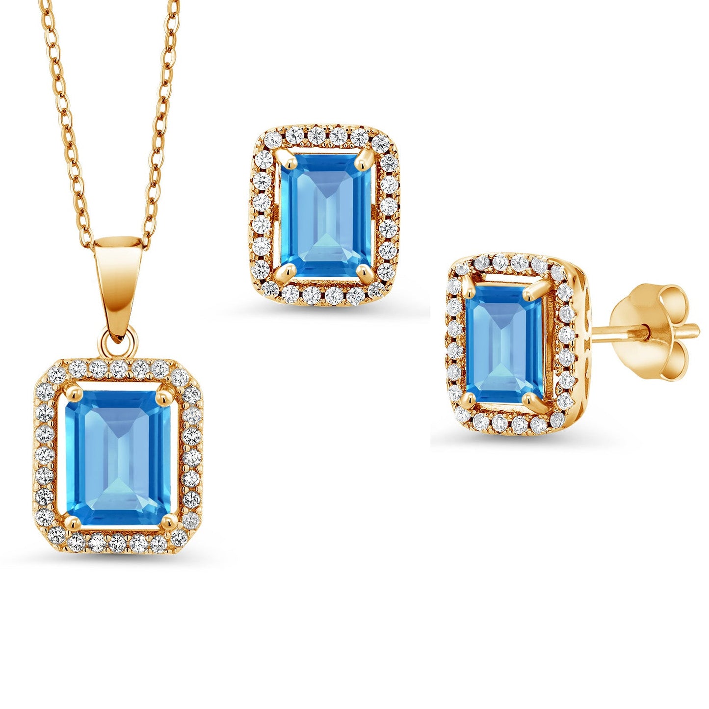 9X7MM and 8X6MM Emerald Cut Gemstone Birthstone Halo Pendant and Halo Earrings Jewelry Set For Women | 925 Sterling Silver | With 18 Inch Silver Chain