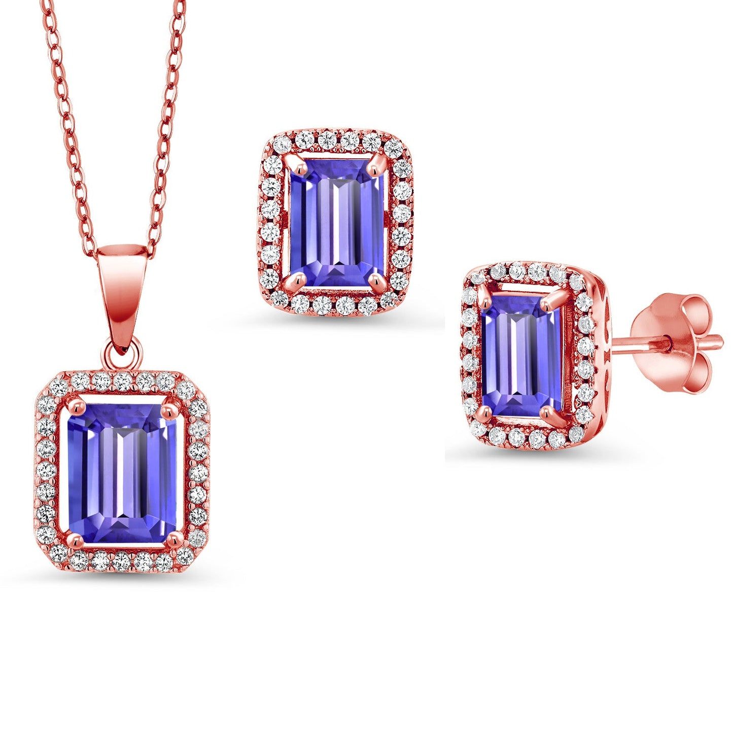 9X7MM and 8X6MM Emerald Cut Gemstone Birthstone Halo Pendant and Halo Earrings Jewelry Set For Women | 925 Sterling Silver | With 18 Inch Silver Chain