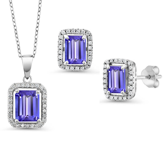 9X7MM and 8X6MM Emerald Cut Gemstone Birthstone Halo Pendant and Halo Earrings Jewelry Set For Women | 925 Sterling Silver | With 18 Inch Silver Chain