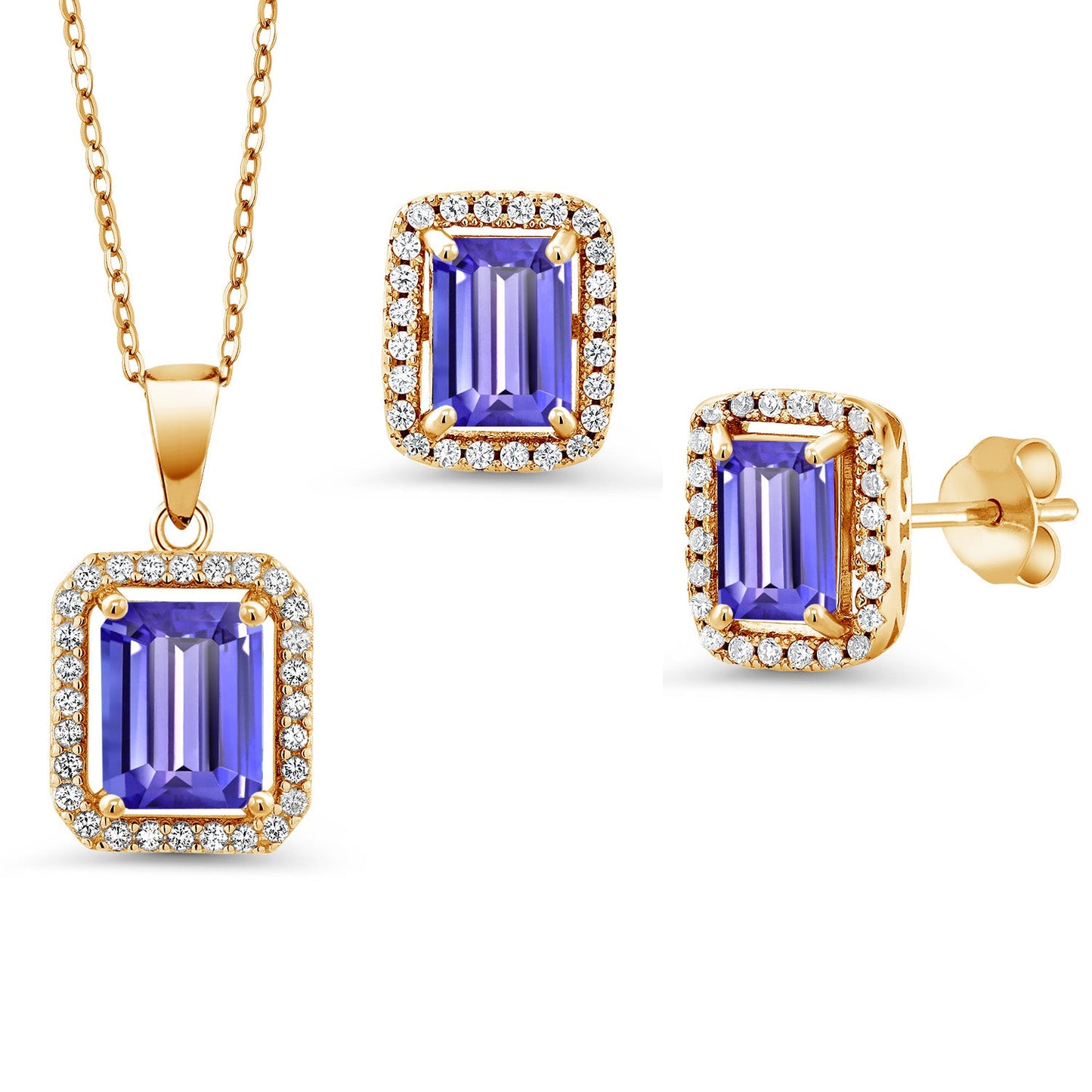 9X7MM and 8X6MM Emerald Cut Gemstone Birthstone Halo Pendant and Halo Earrings Jewelry Set For Women | 925 Sterling Silver | With 18 Inch Silver Chain