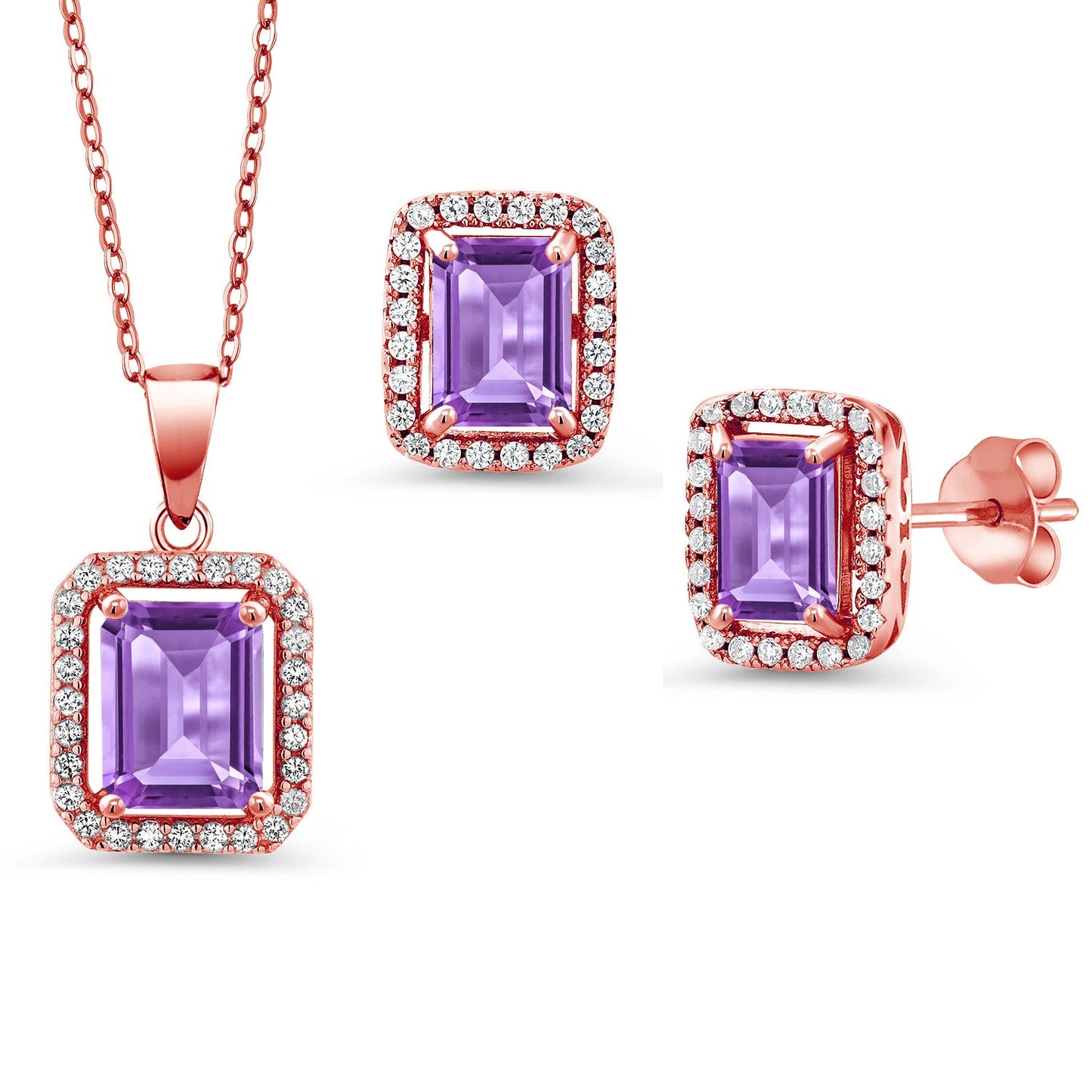 9X7MM and 8X6MM Emerald Cut Gemstone Birthstone Halo Pendant and Halo Earrings Jewelry Set For Women | 925 Sterling Silver | With 18 Inch Silver Chain