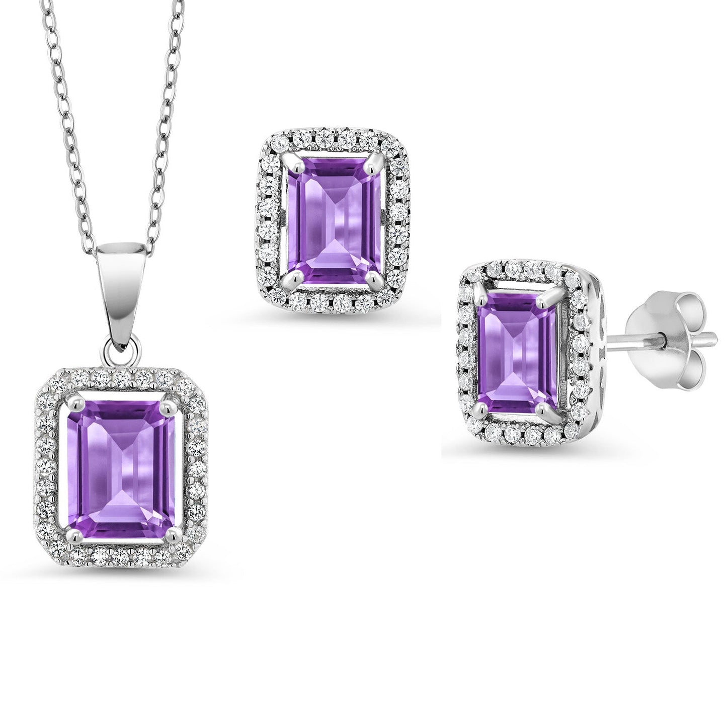 9X7MM and 8X6MM Emerald Cut Gemstone Birthstone Halo Pendant and Halo Earrings Jewelry Set For Women | 925 Sterling Silver | With 18 Inch Silver Chain