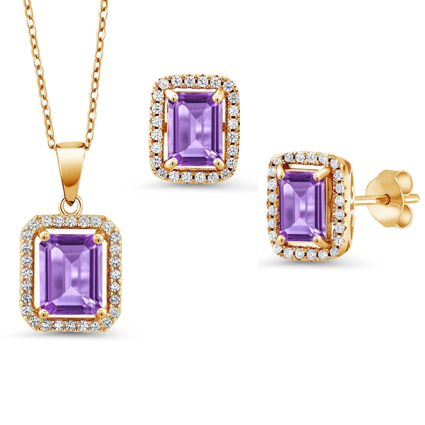 9X7MM and 8X6MM Emerald Cut Gemstone Birthstone Halo Pendant and Halo Earrings Jewelry Set For Women | 925 Sterling Silver | With 18 Inch Silver Chain