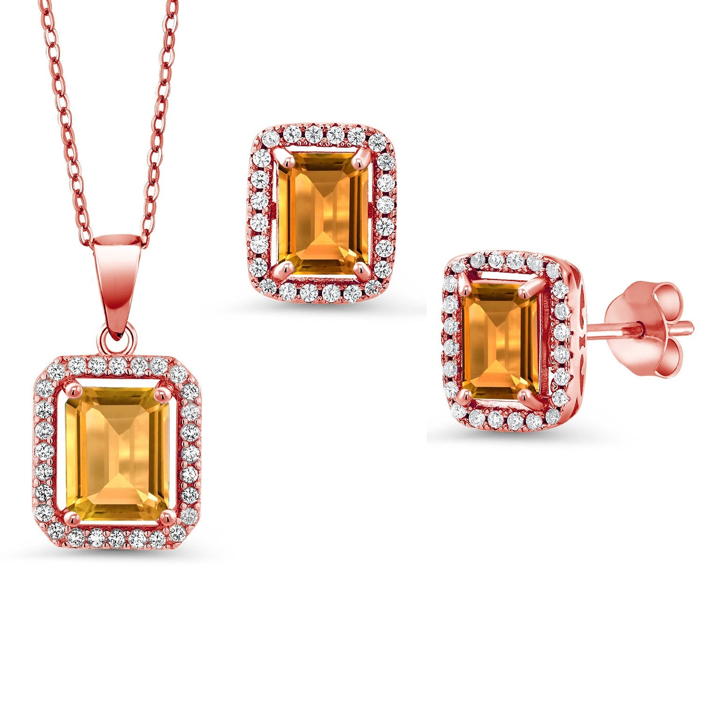 9X7MM and 8X6MM Emerald Cut Gemstone Birthstone Halo Pendant and Halo Earrings Jewelry Set For Women | 925 Sterling Silver | With 18 Inch Silver Chain