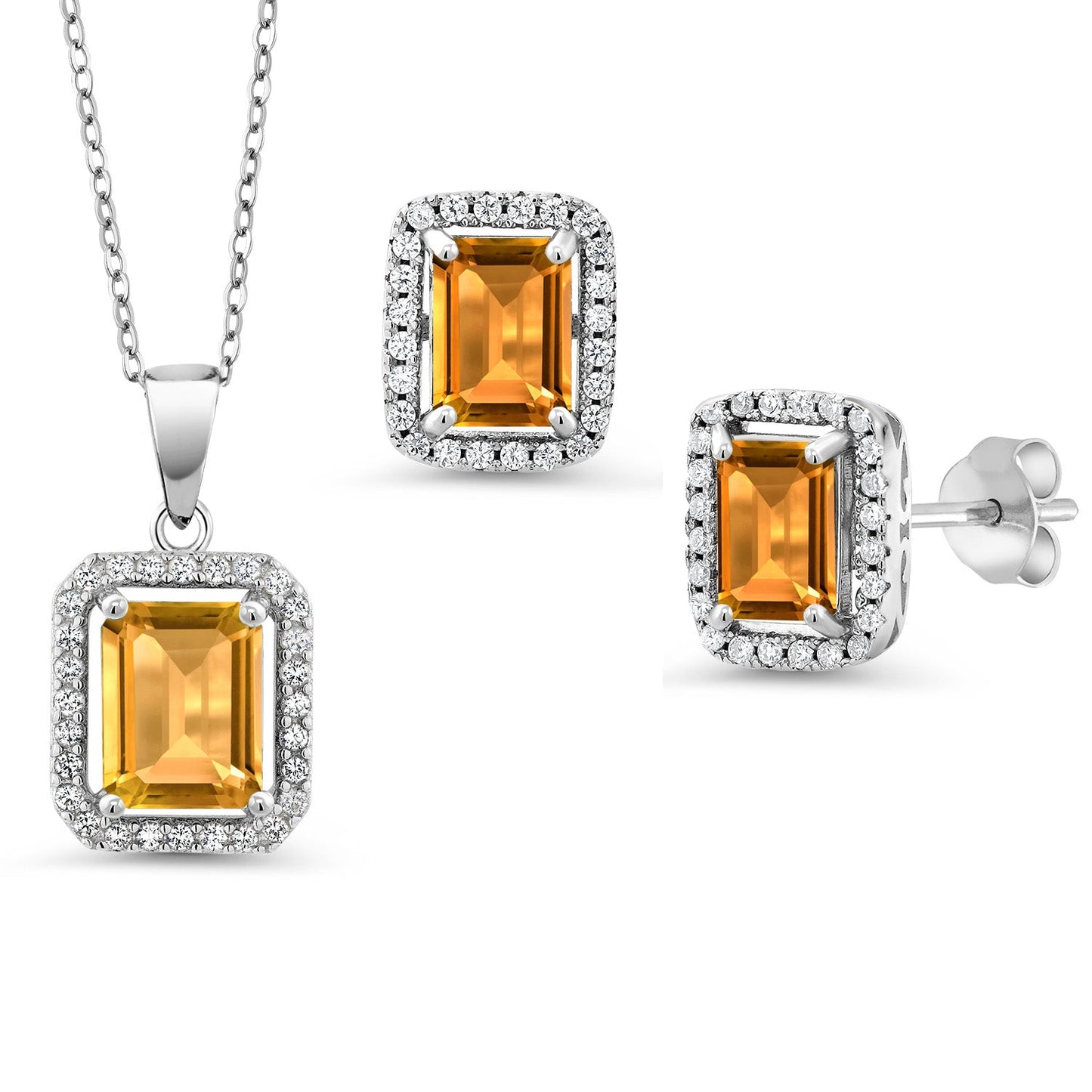 9X7MM and 8X6MM Emerald Cut Gemstone Birthstone Halo Pendant and Halo Earrings Jewelry Set For Women | 925 Sterling Silver | With 18 Inch Silver Chain
