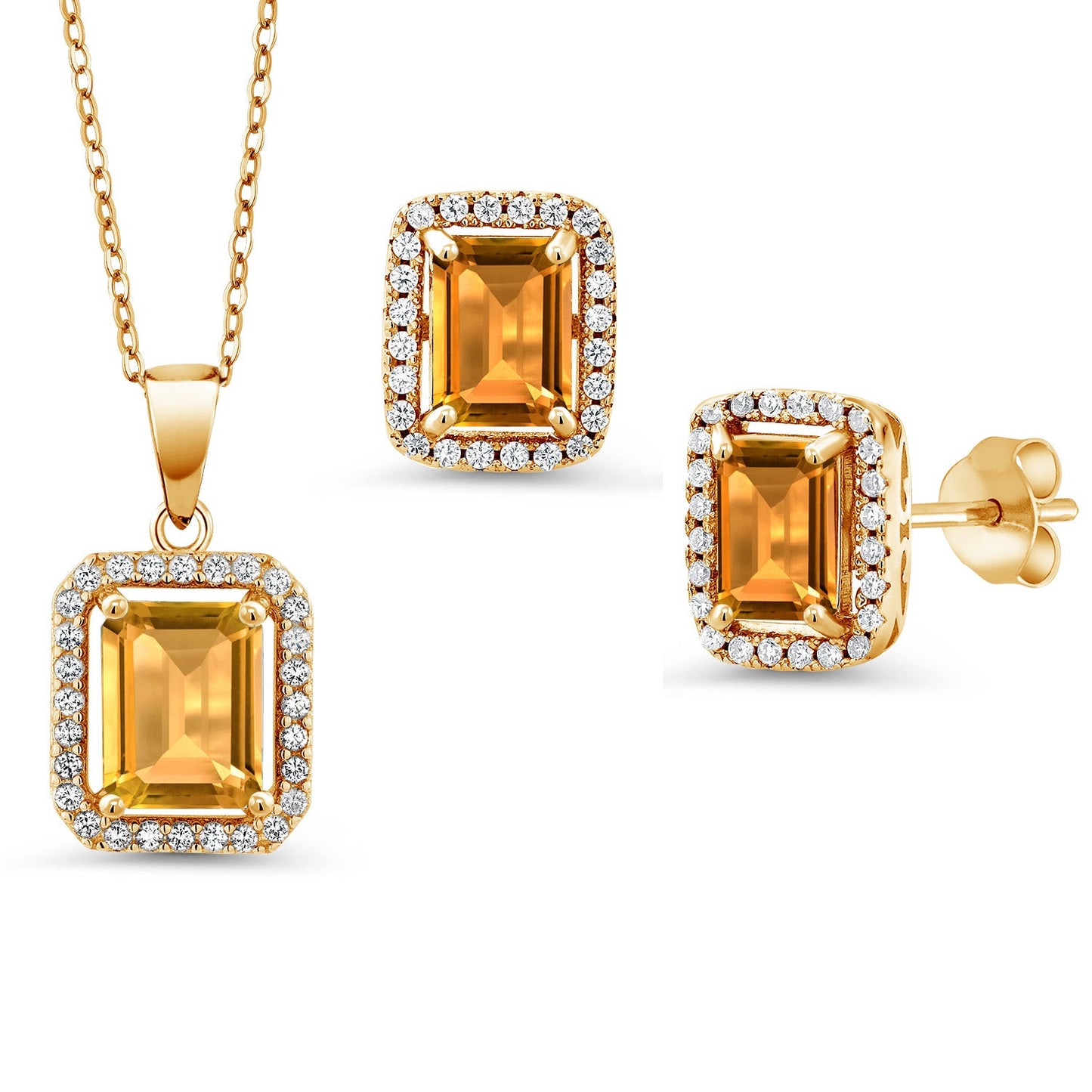 9X7MM and 8X6MM Emerald Cut Gemstone Birthstone Halo Pendant and Halo Earrings Jewelry Set For Women | 925 Sterling Silver | With 18 Inch Silver Chain