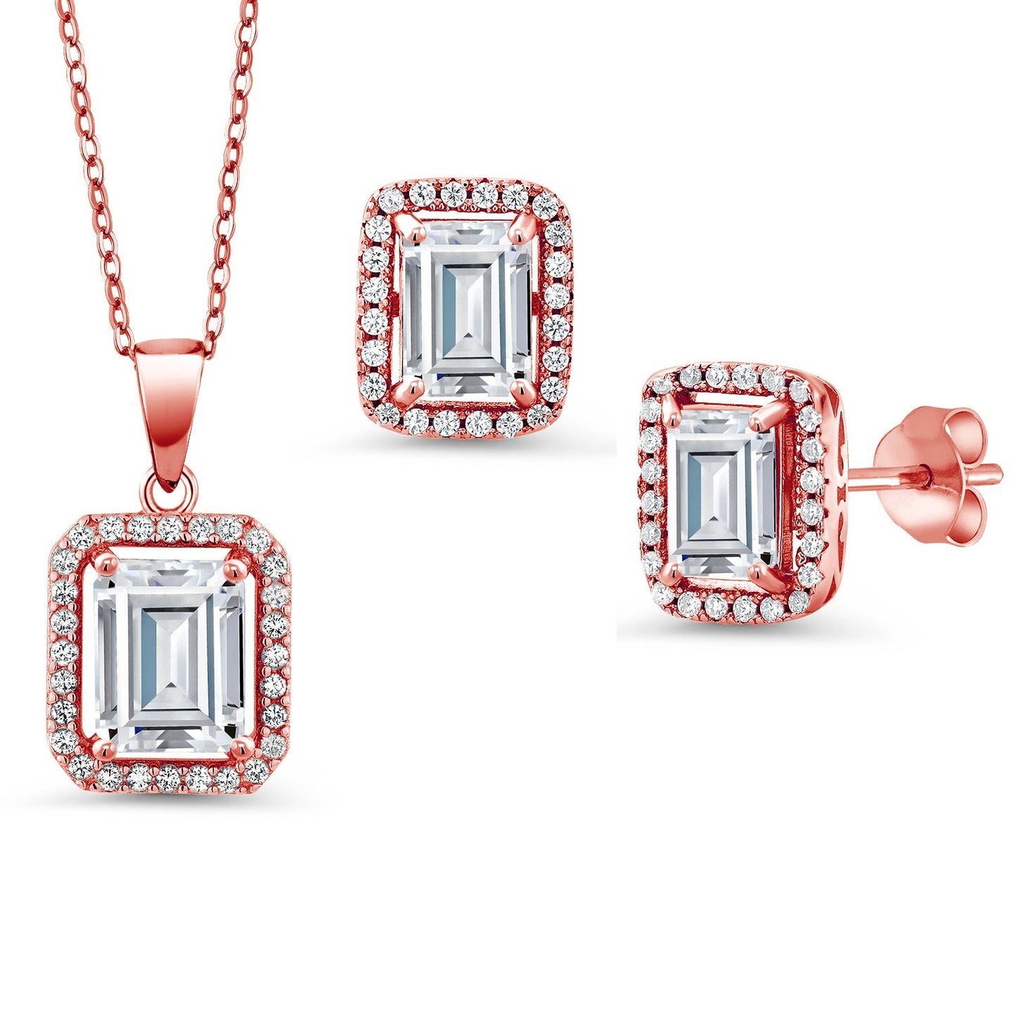 9X7MM and 8X6MM Emerald Cut Gemstone Birthstone Halo Pendant and Halo Earrings Jewelry Set For Women | 925 Sterling Silver | With 18 Inch Silver Chain