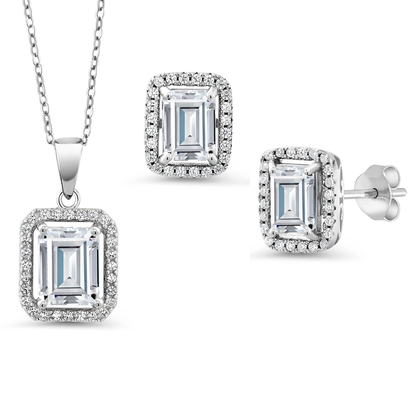 9X7MM and 8X6MM Emerald Cut Gemstone Birthstone Halo Pendant and Halo Earrings Jewelry Set For Women | 925 Sterling Silver | With 18 Inch Silver Chain
