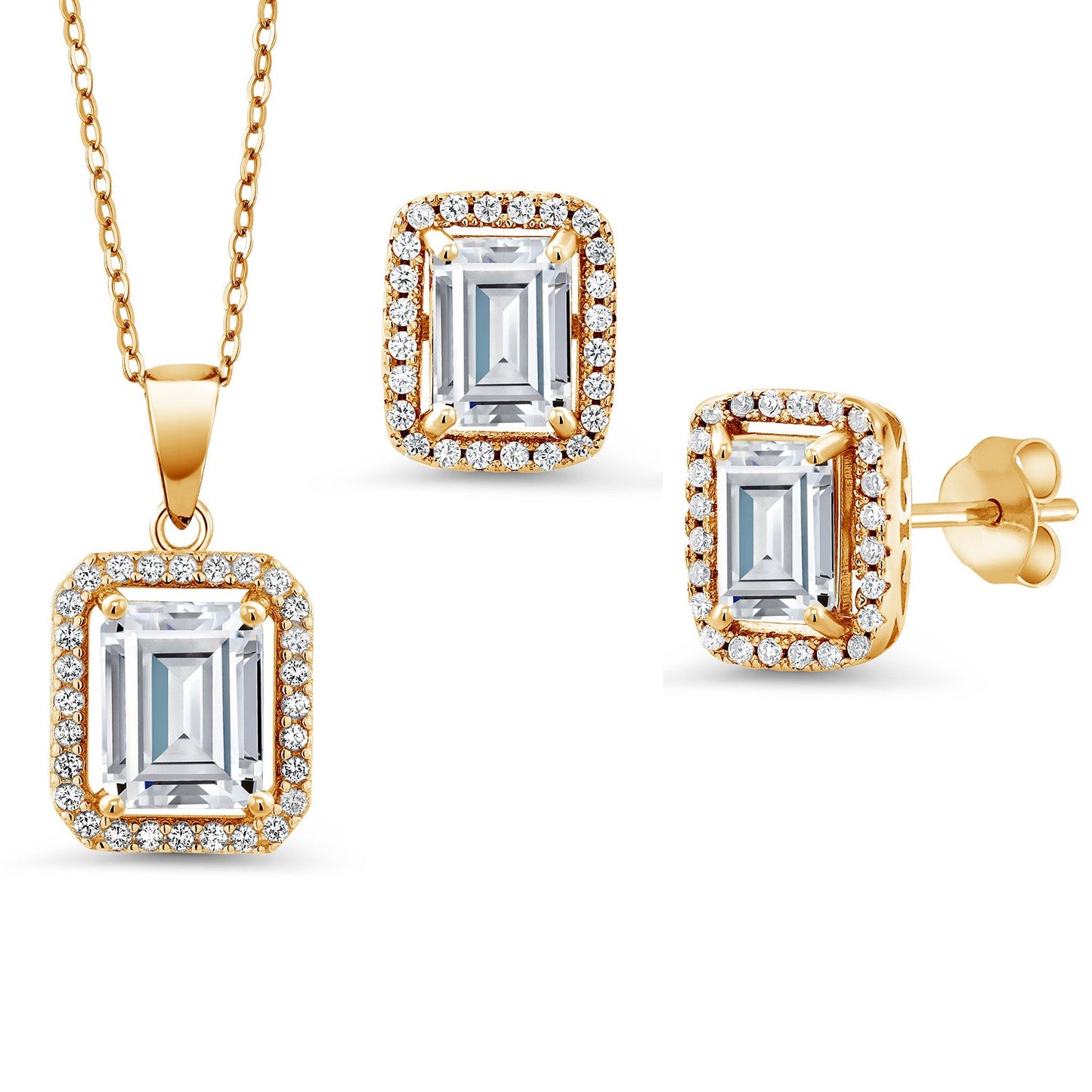 9X7MM and 8X6MM Emerald Cut Gemstone Birthstone Halo Pendant and Halo Earrings Jewelry Set For Women | 925 Sterling Silver | With 18 Inch Silver Chain