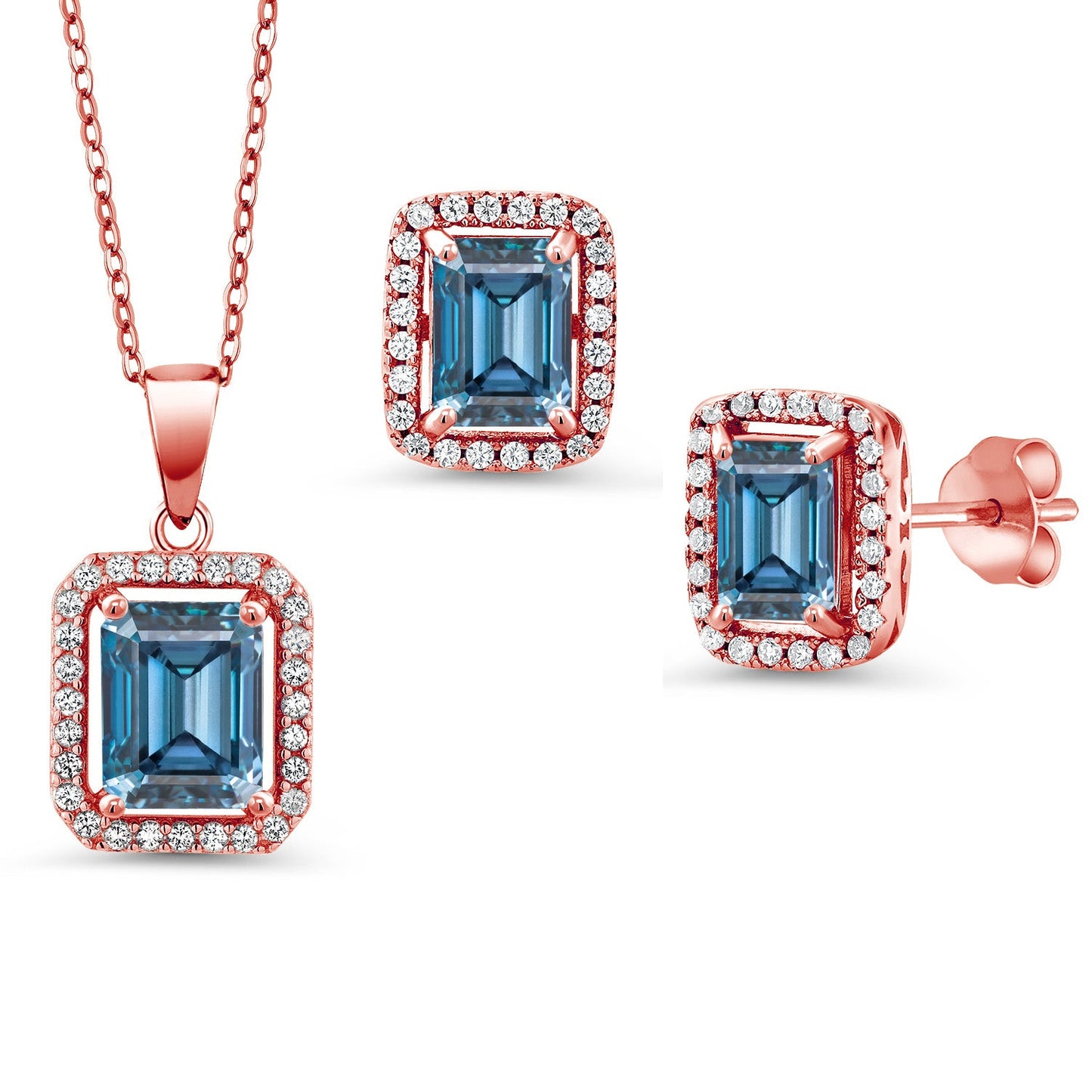 9X7MM and 8X6MM Emerald Cut Gemstone Birthstone Halo Pendant and Halo Earrings Jewelry Set For Women | 925 Sterling Silver | With 18 Inch Silver Chain