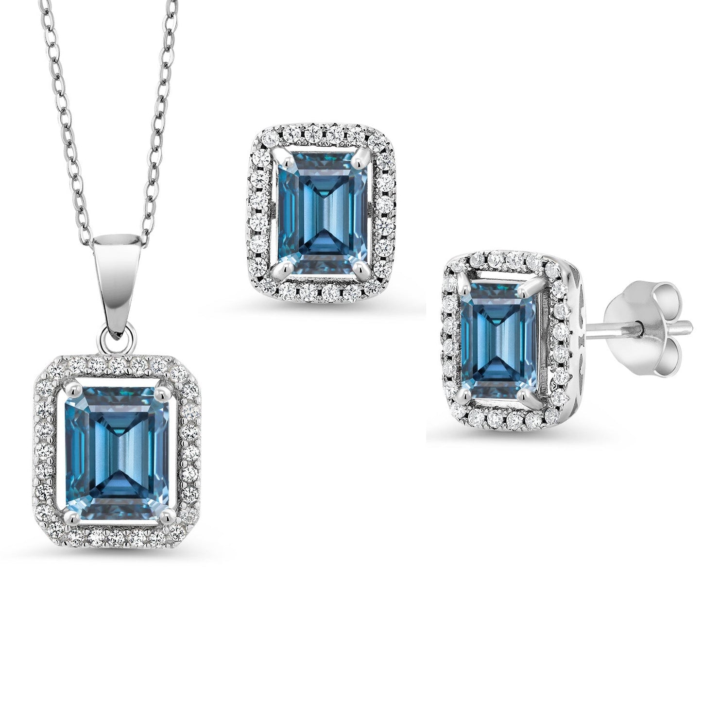 9X7MM and 8X6MM Emerald Cut Gemstone Birthstone Halo Pendant and Halo Earrings Jewelry Set For Women | 925 Sterling Silver | With 18 Inch Silver Chain