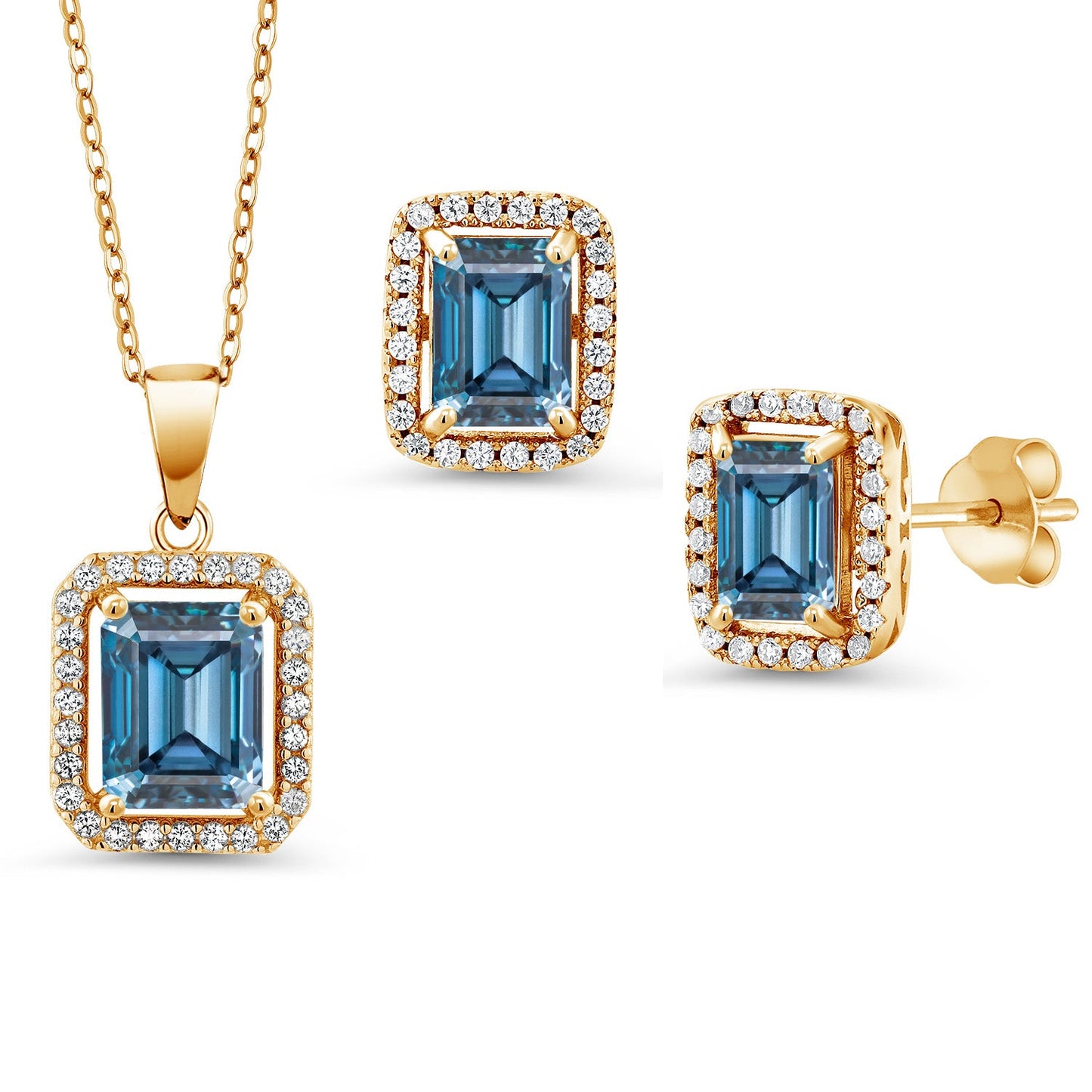 9X7MM and 8X6MM Emerald Cut Gemstone Birthstone Halo Pendant and Halo Earrings Jewelry Set For Women | 925 Sterling Silver | With 18 Inch Silver Chain