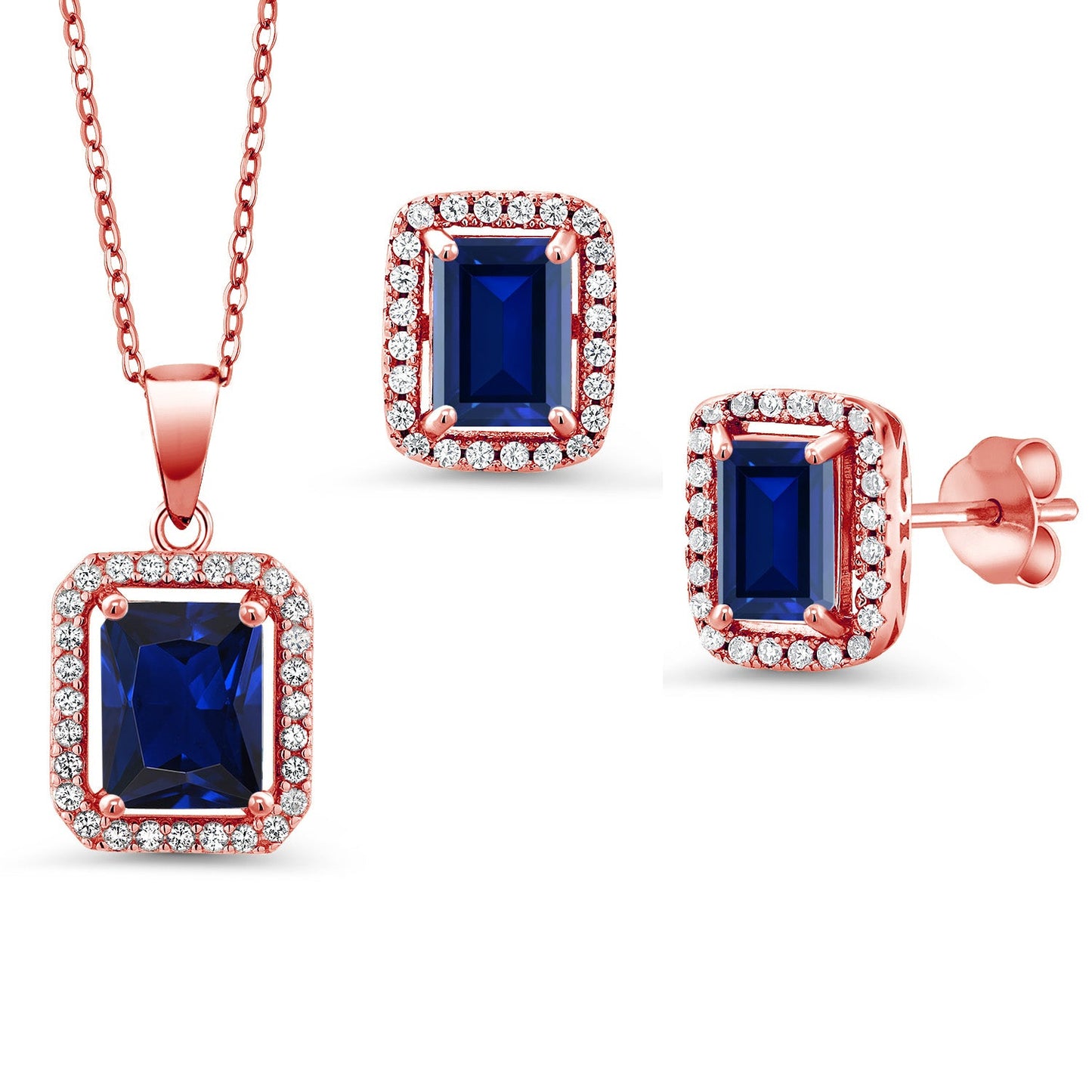 9X7MM and 8X6MM Emerald Cut Gemstone Birthstone Halo Pendant and Halo Earrings Jewelry Set For Women | 925 Sterling Silver | With 18 Inch Silver Chain