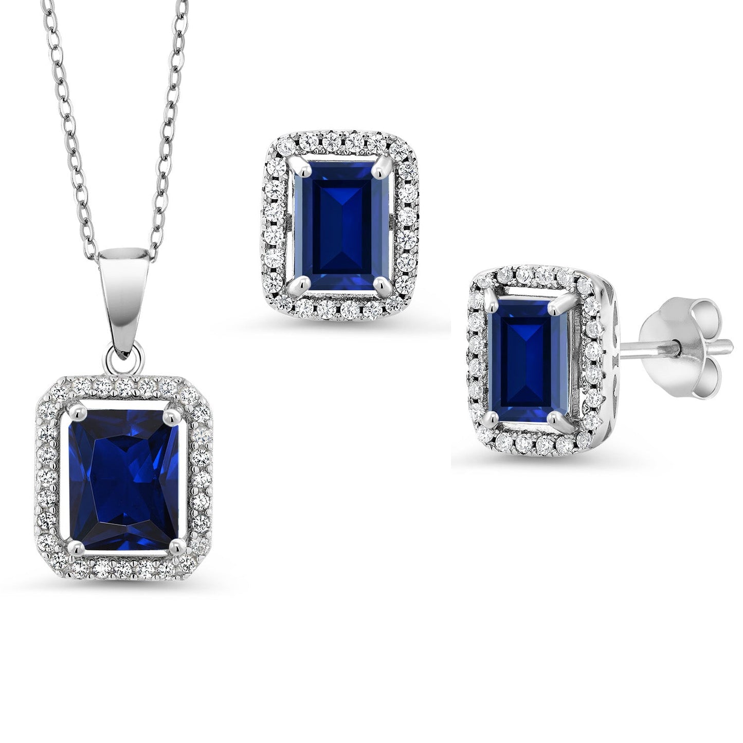 9X7MM and 8X6MM Emerald Cut Gemstone Birthstone Halo Pendant and Halo Earrings Jewelry Set For Women | 925 Sterling Silver | With 18 Inch Silver Chain